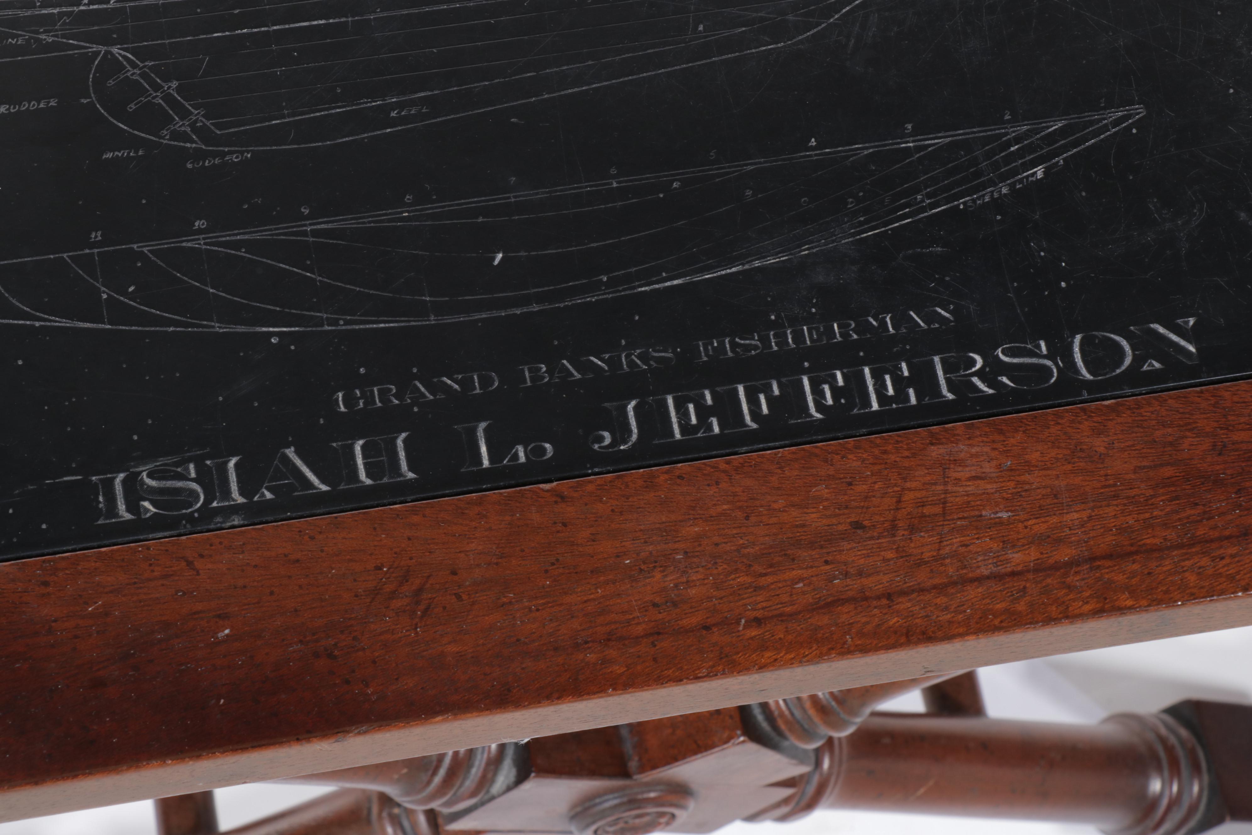 Mahogany and Slate Coffee Table with Etched Schooner Blueprint