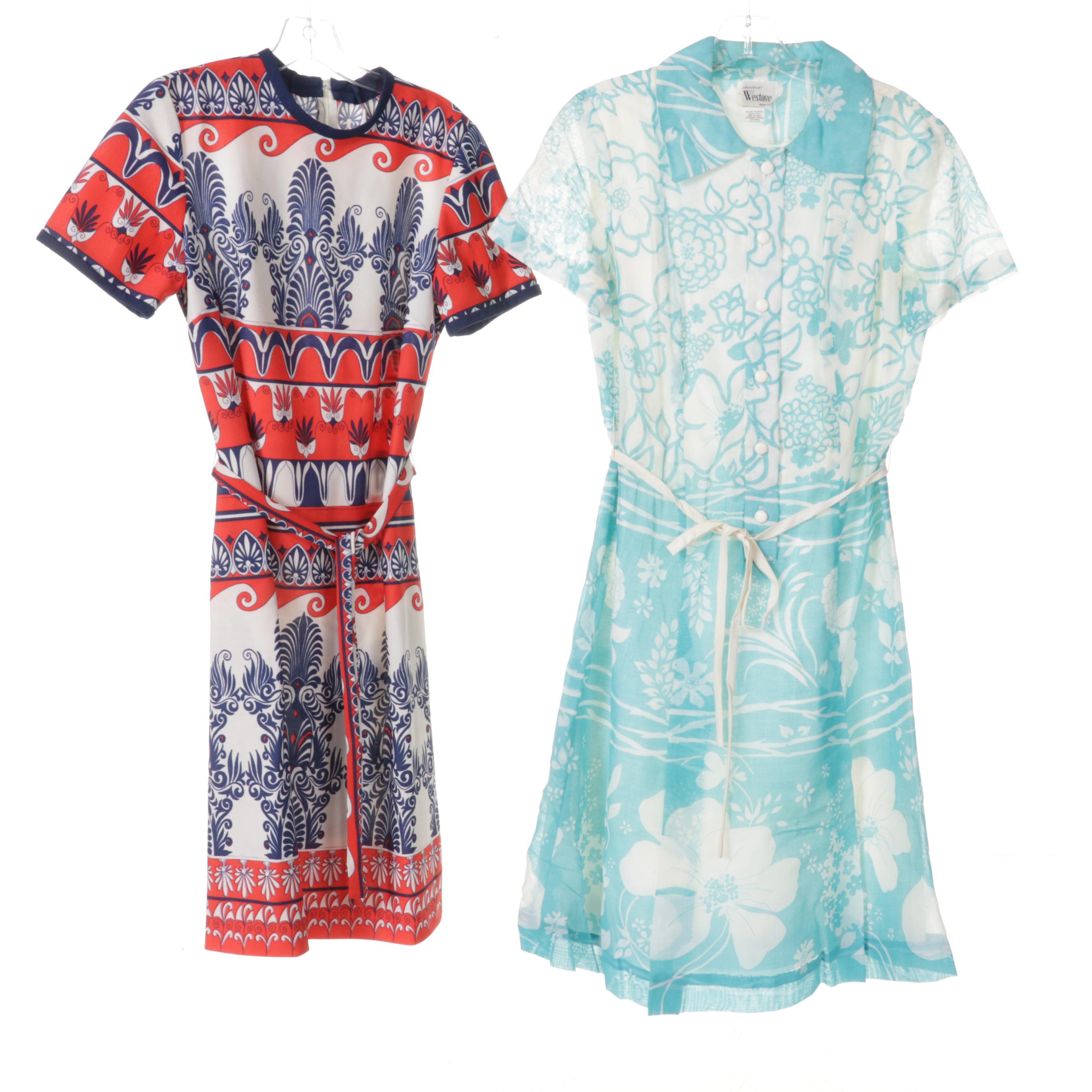 Women's Patterned Dresses and Two-Piece Sets with Cardigan Sweaters, 1960s-70s