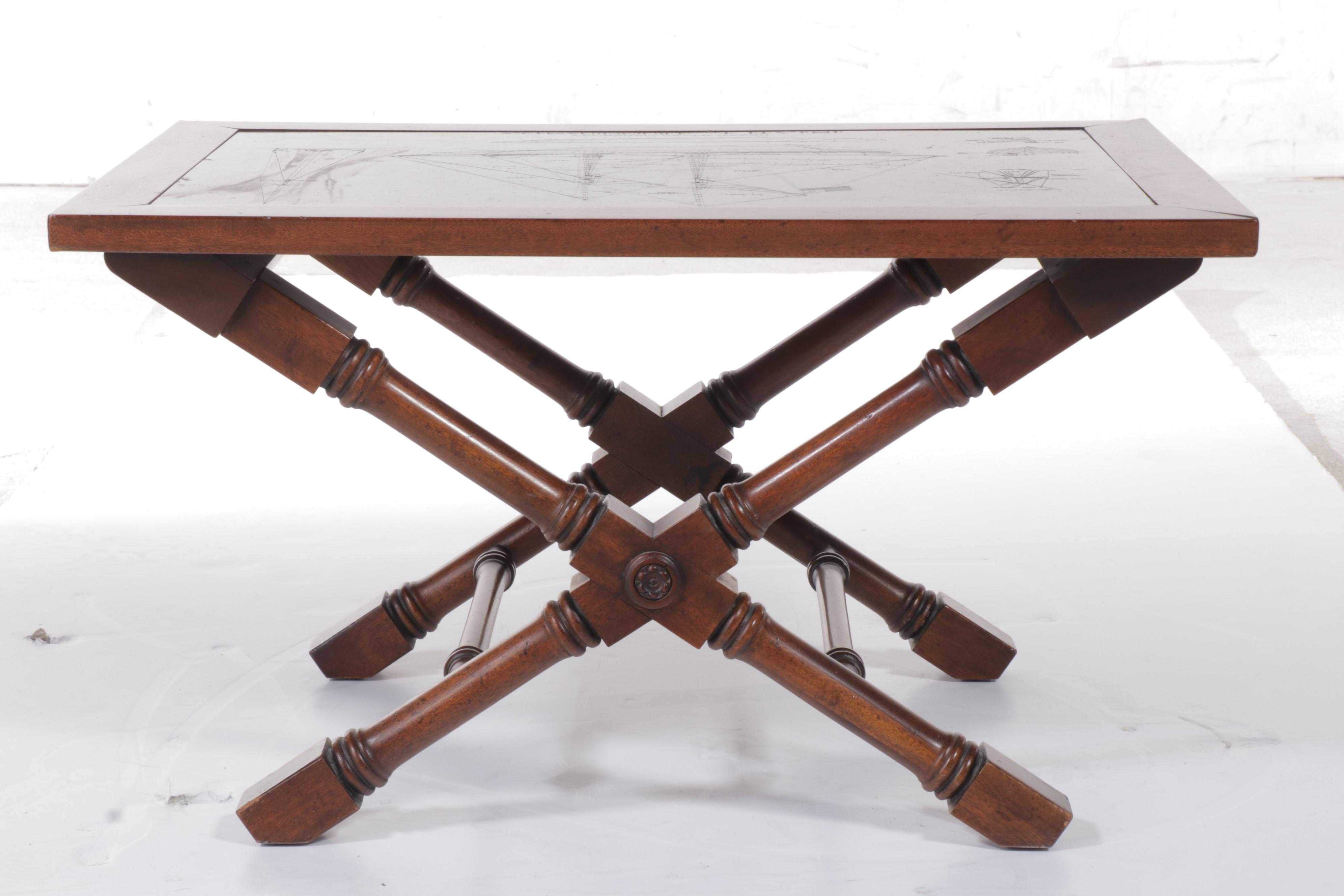 Mahogany and Slate Coffee Table with Etched Schooner Blueprint
