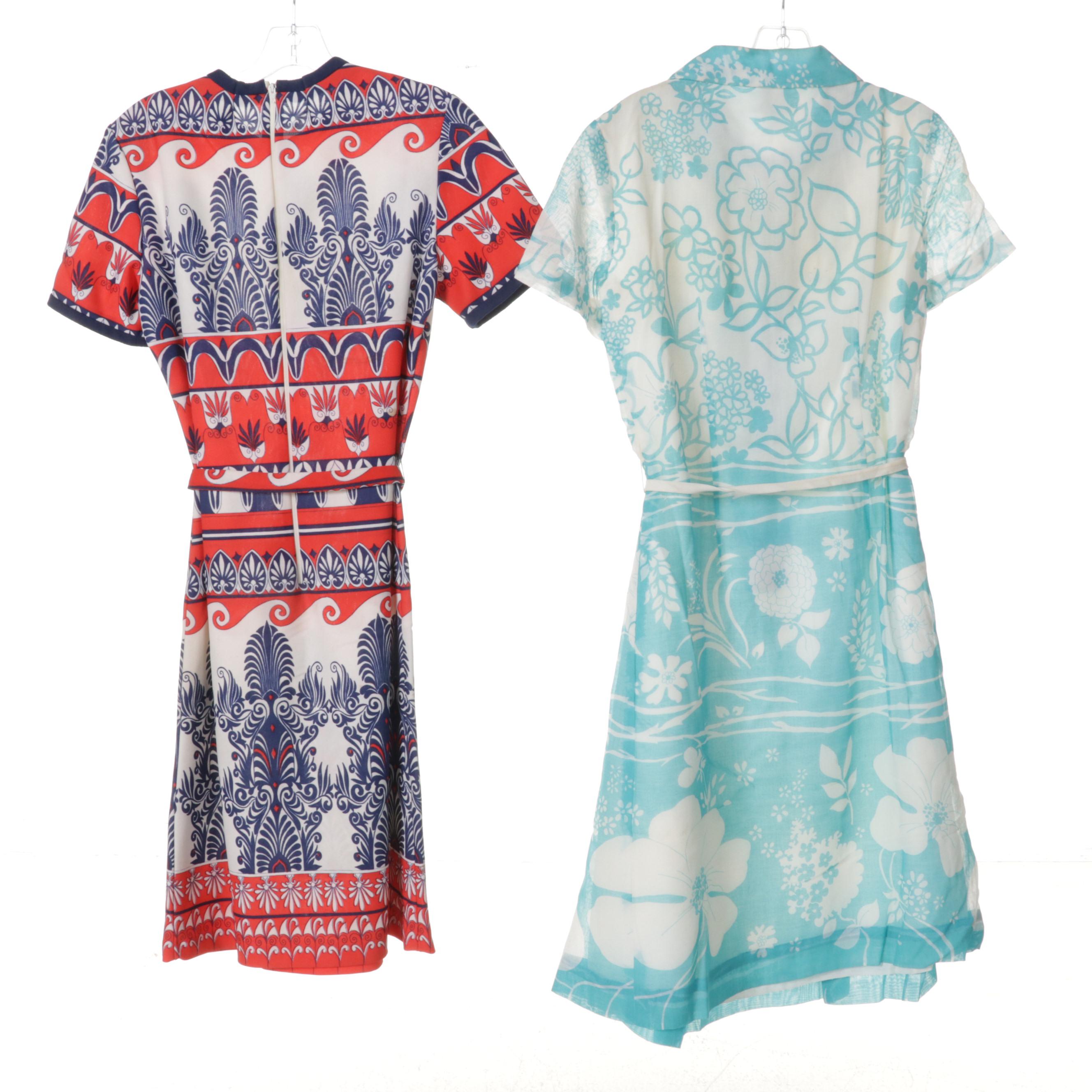 Women's Patterned Dresses and Two-Piece Sets with Cardigan Sweaters, 1960s-70s