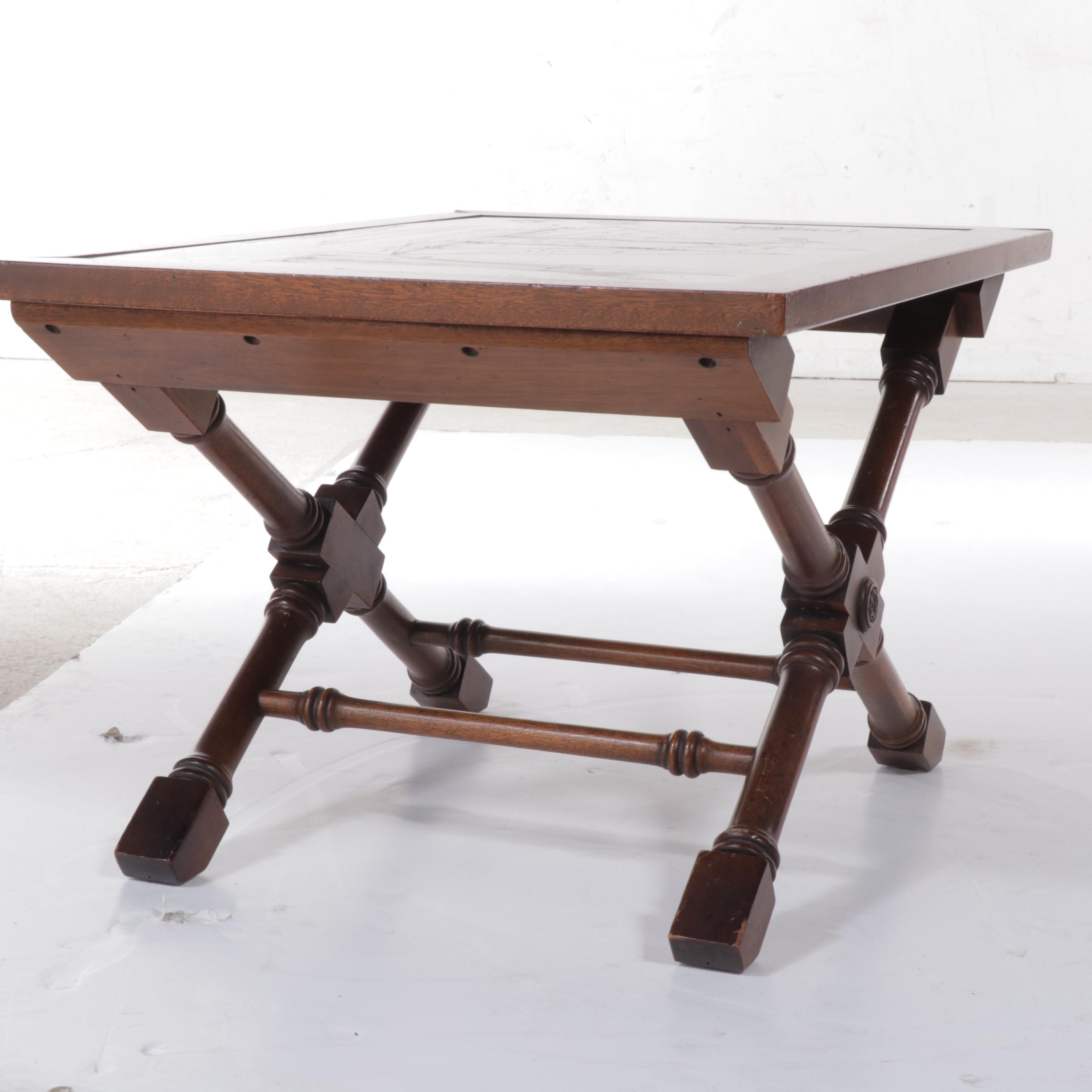Mahogany and Slate Coffee Table with Etched Schooner Blueprint