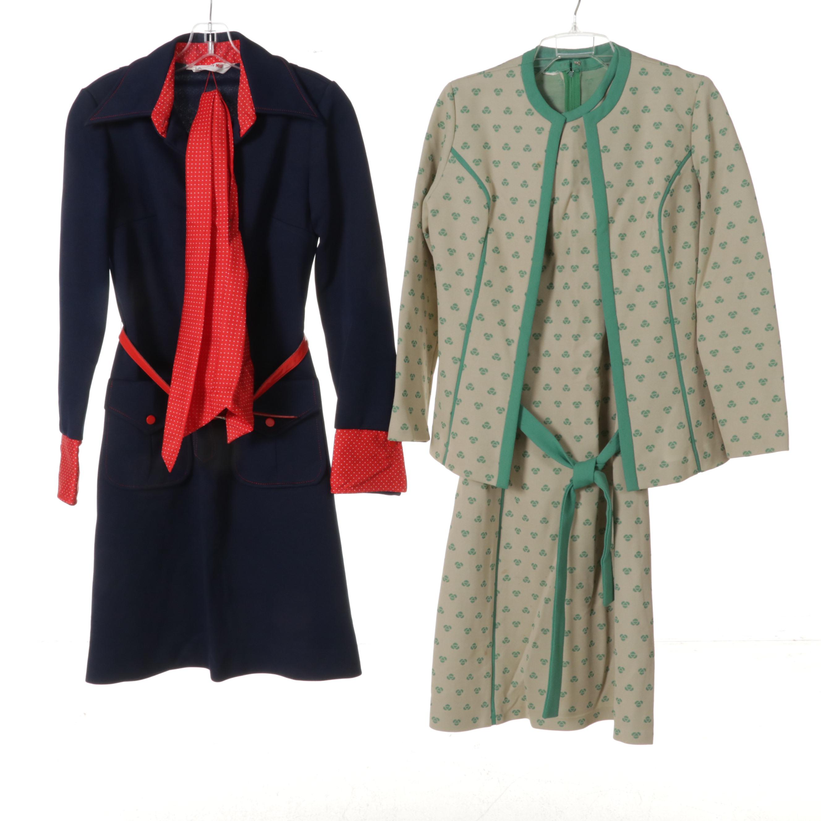 Women's Patterned Dresses and Two-Piece Sets with Cardigan Sweaters, 1960s-70s