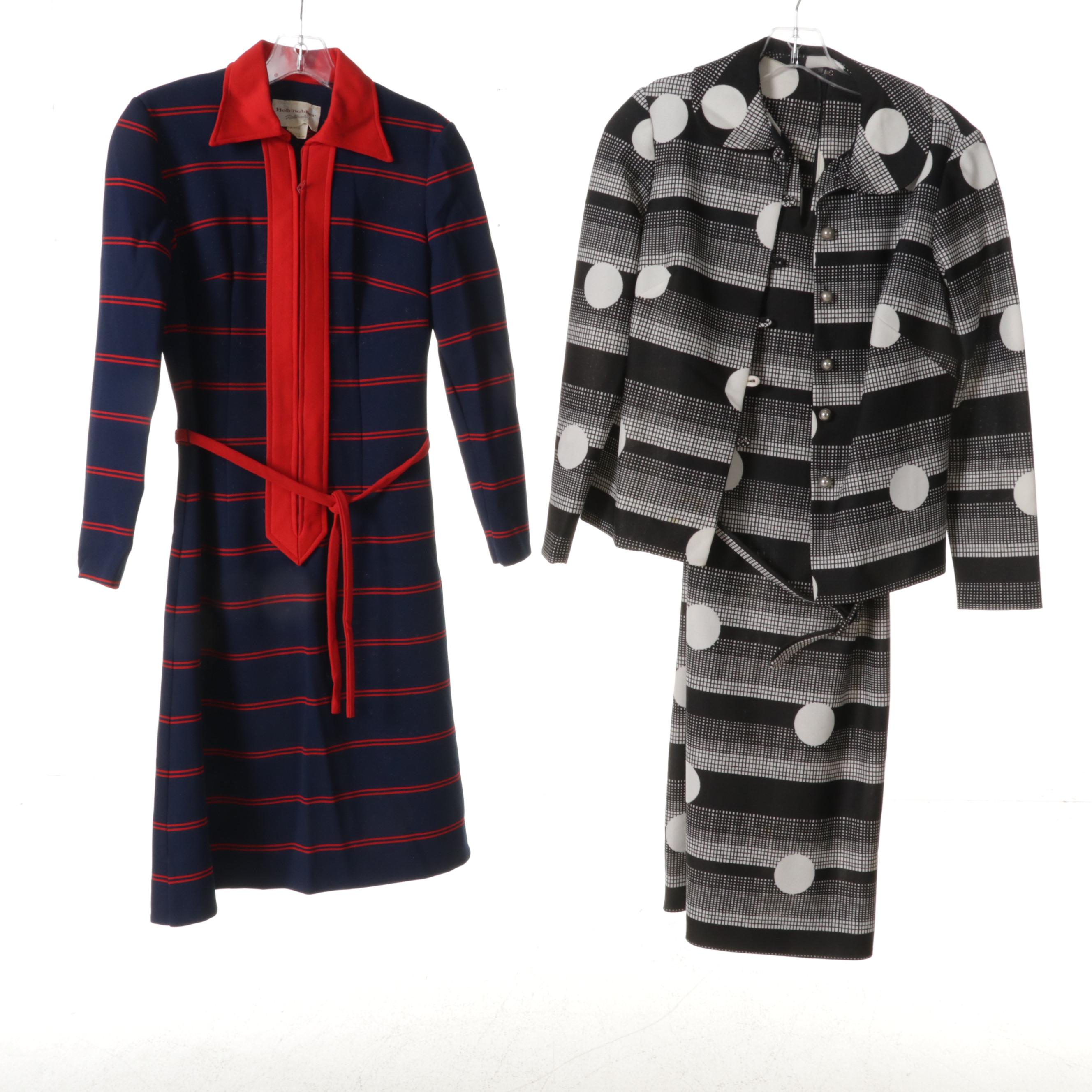 Women's Patterned Dresses and Two-Piece Sets with Cardigan Sweaters, 1960s-70s