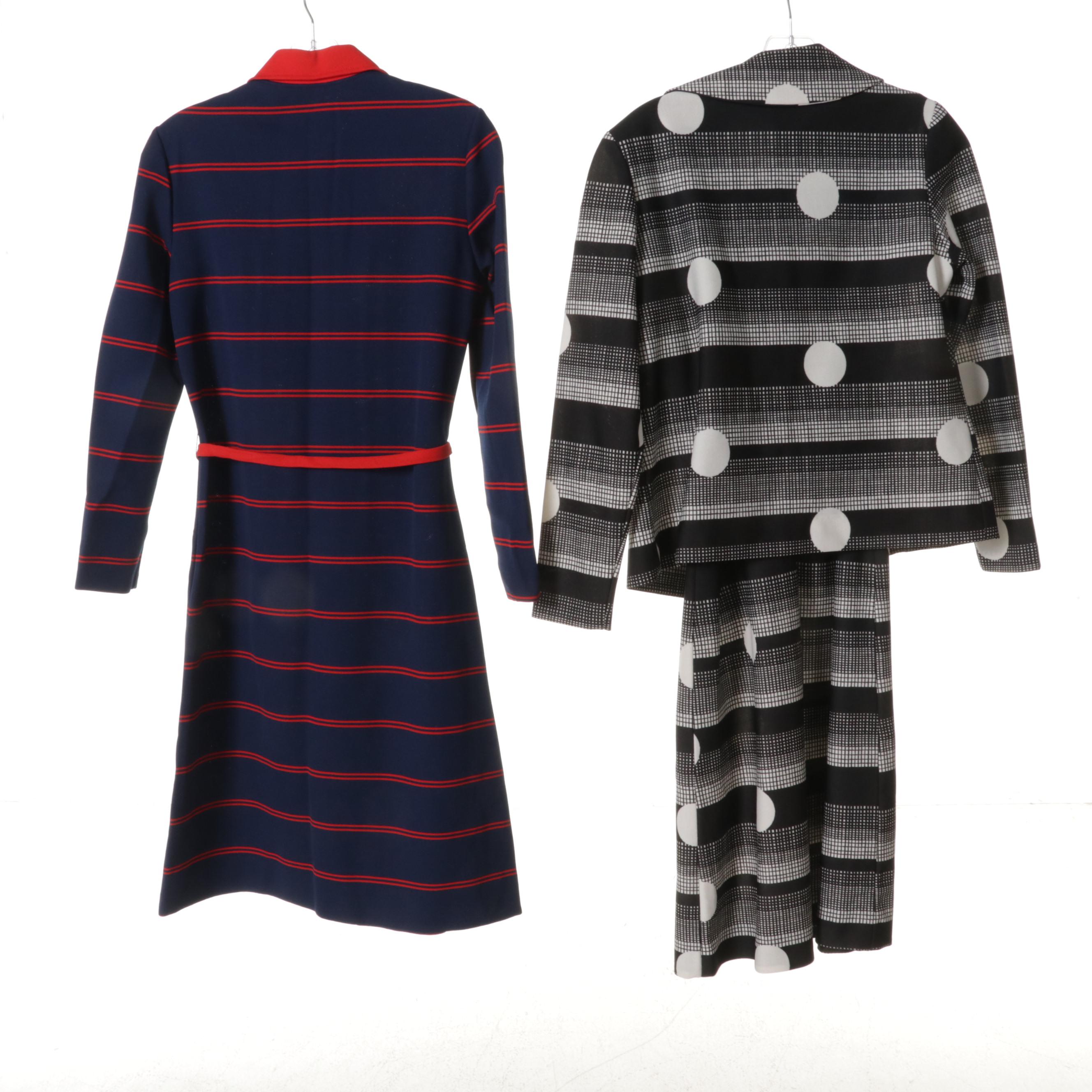 Women's Patterned Dresses and Two-Piece Sets with Cardigan Sweaters, 1960s-70s