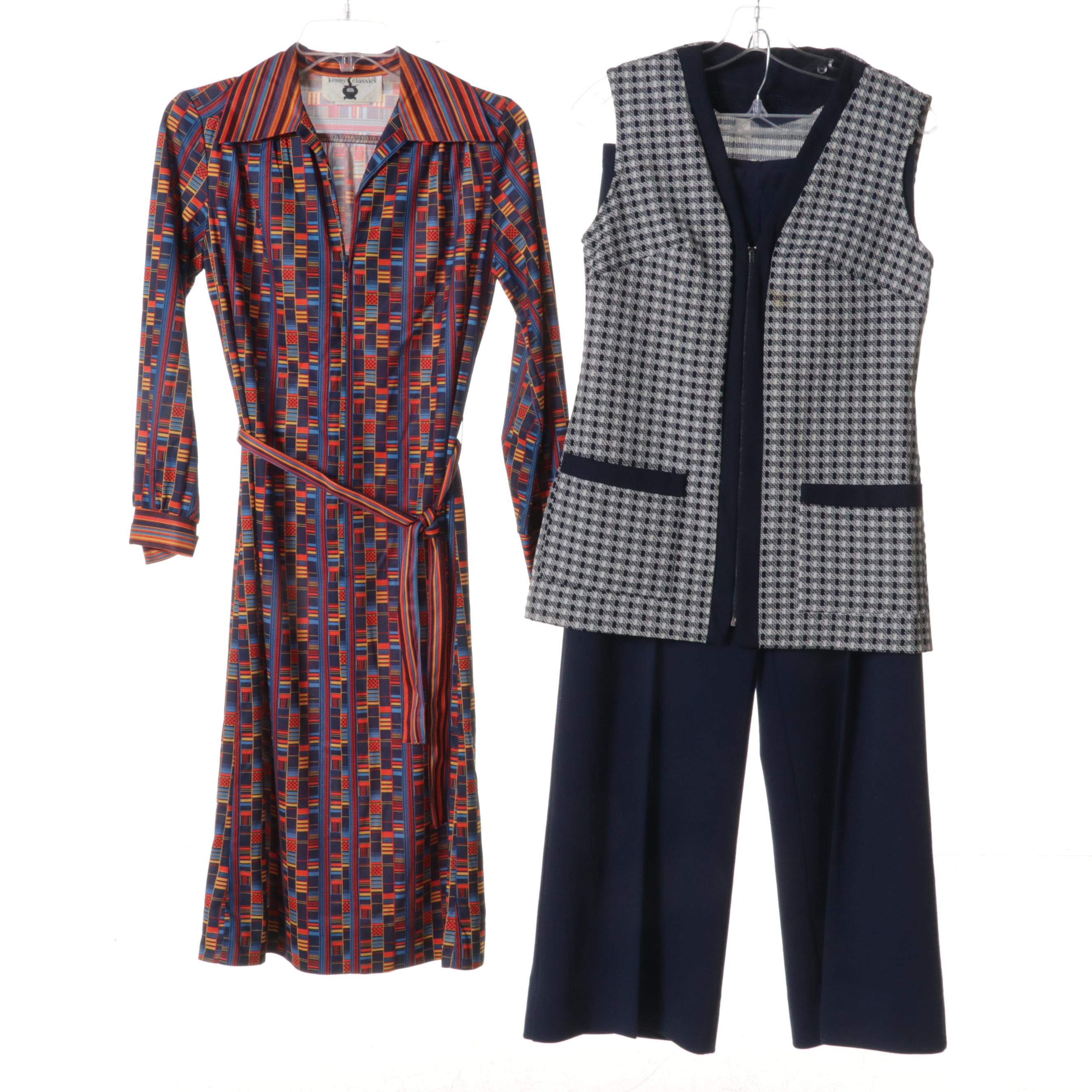 Women's Patterned Dresses and Two-Piece Sets with Cardigan Sweaters, 1960s-70s