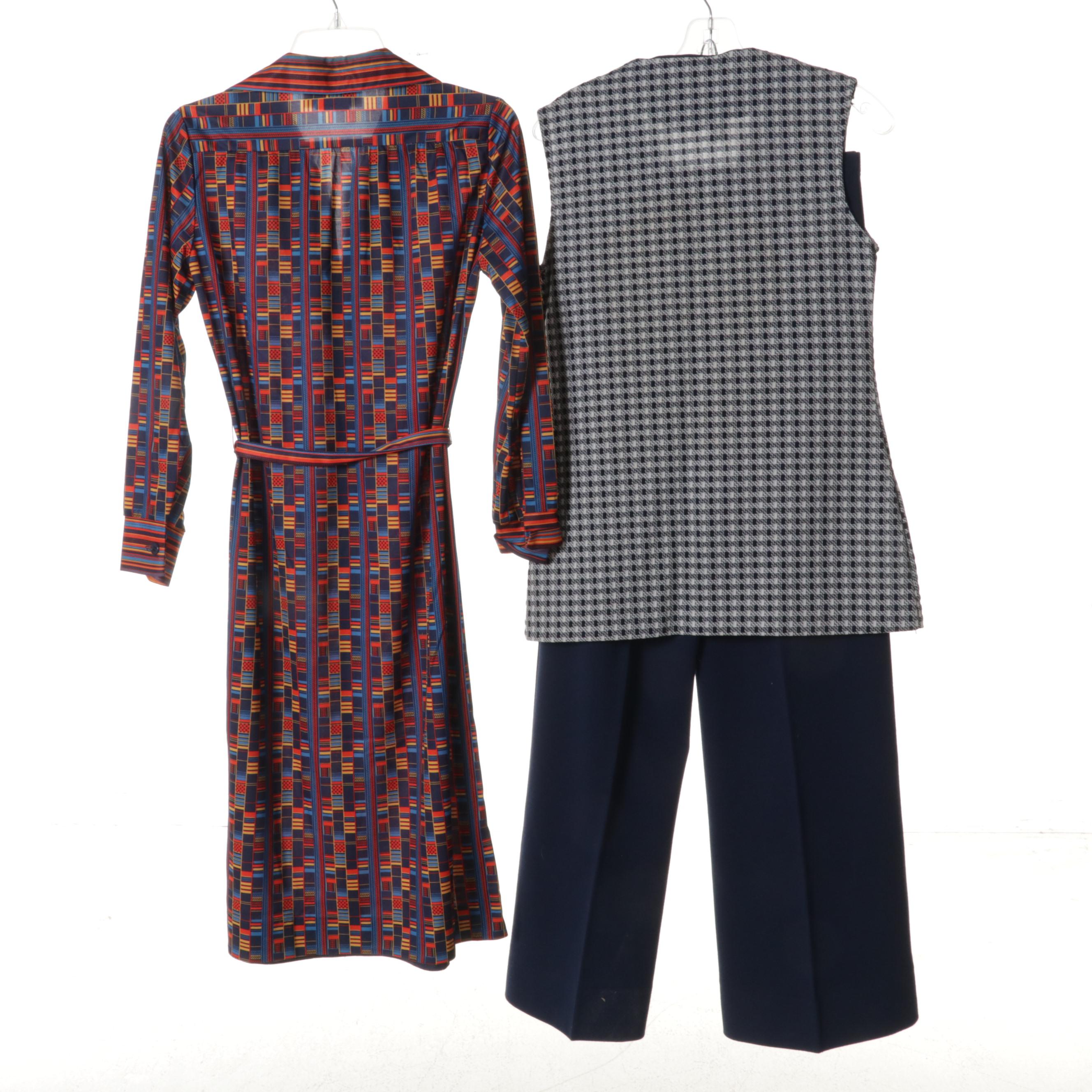 Women's Patterned Dresses and Two-Piece Sets with Cardigan Sweaters, 1960s-70s