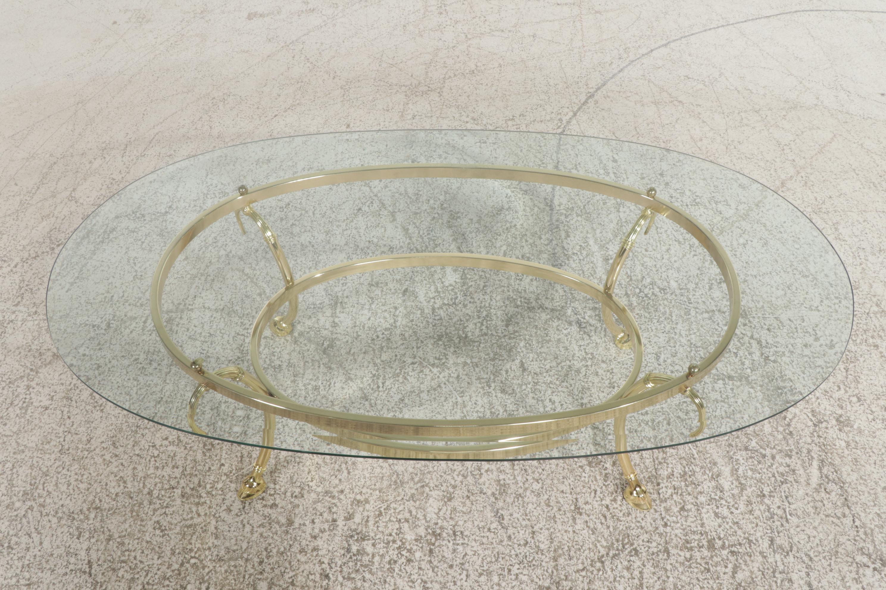 Brass Finished Metal and Glass Top Oval Coffee Table
