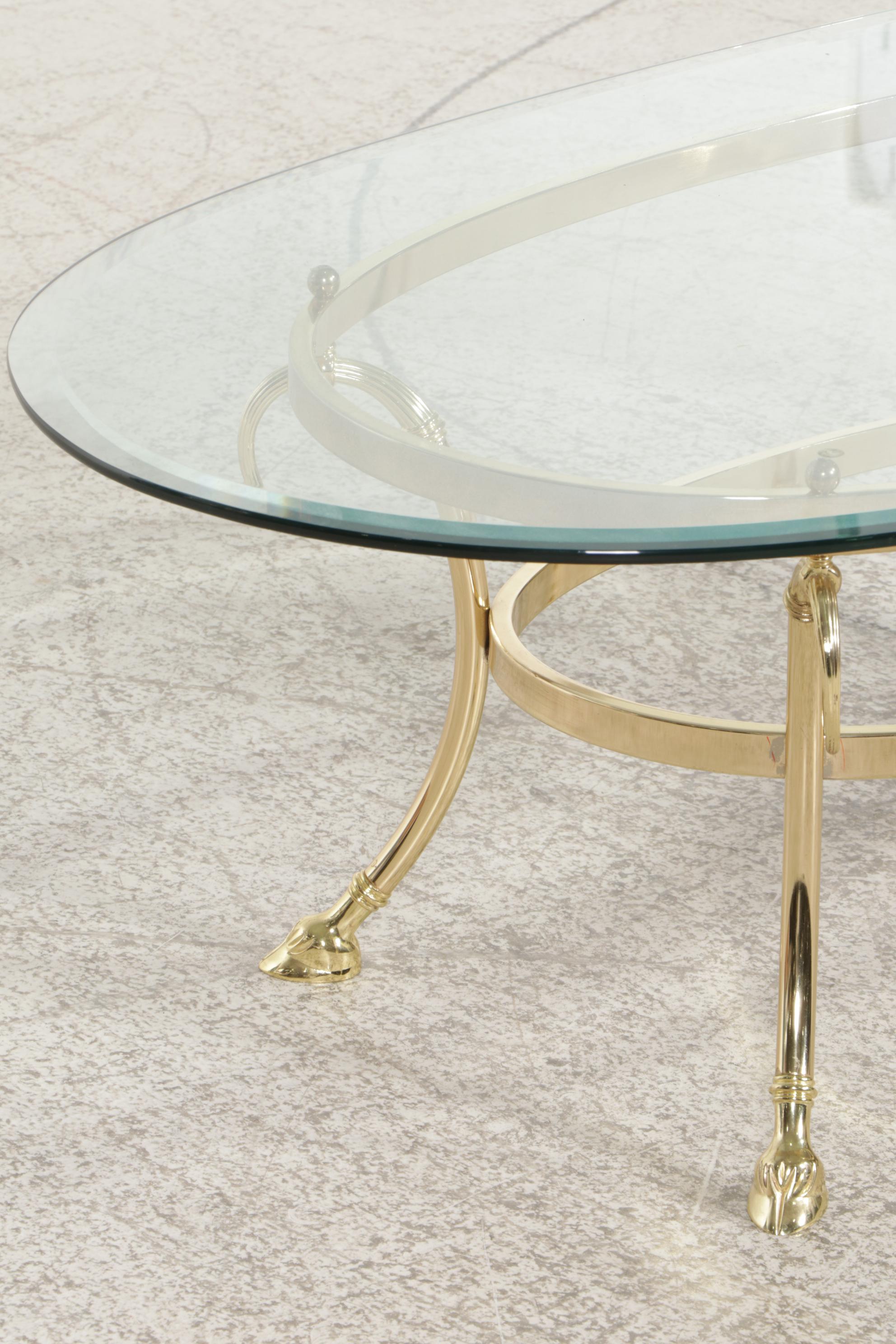Brass Finished Metal and Glass Top Oval Coffee Table
