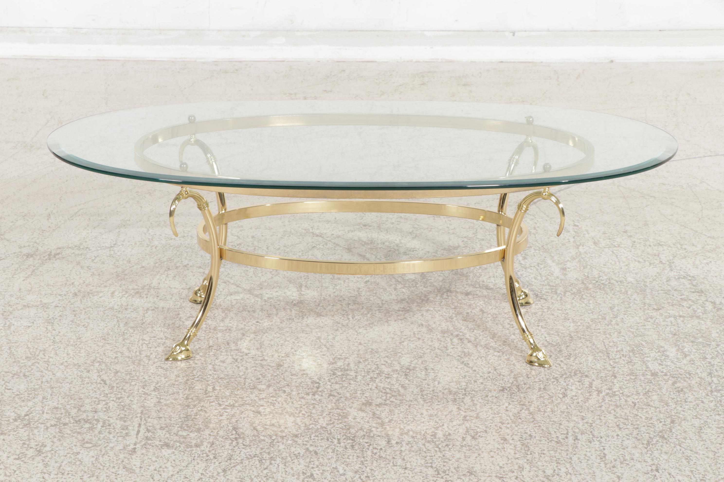 Brass Finished Metal and Glass Top Oval Coffee Table