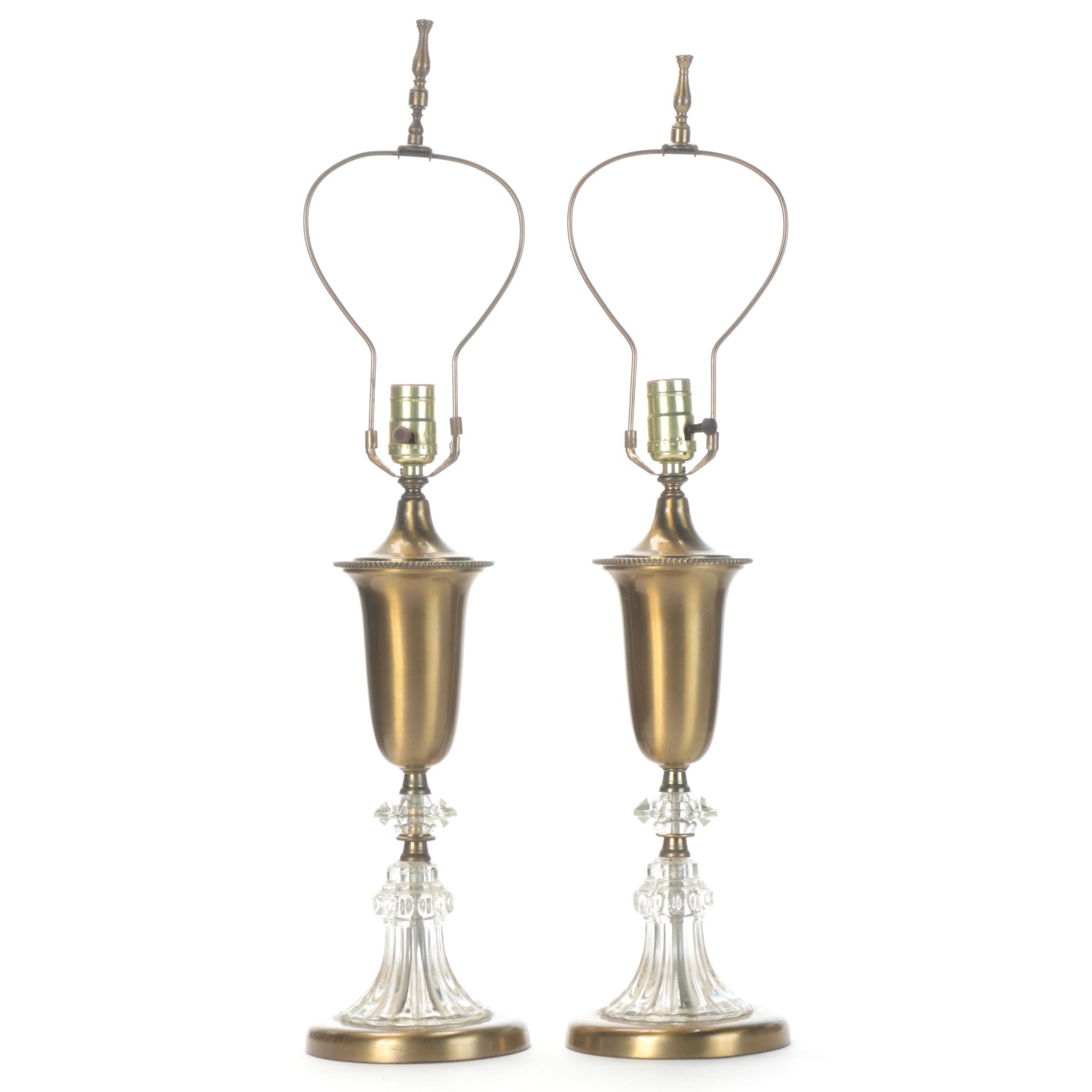 Pair of Brushed Brass and Pressed Glass Table Lamps, Late 20th Century