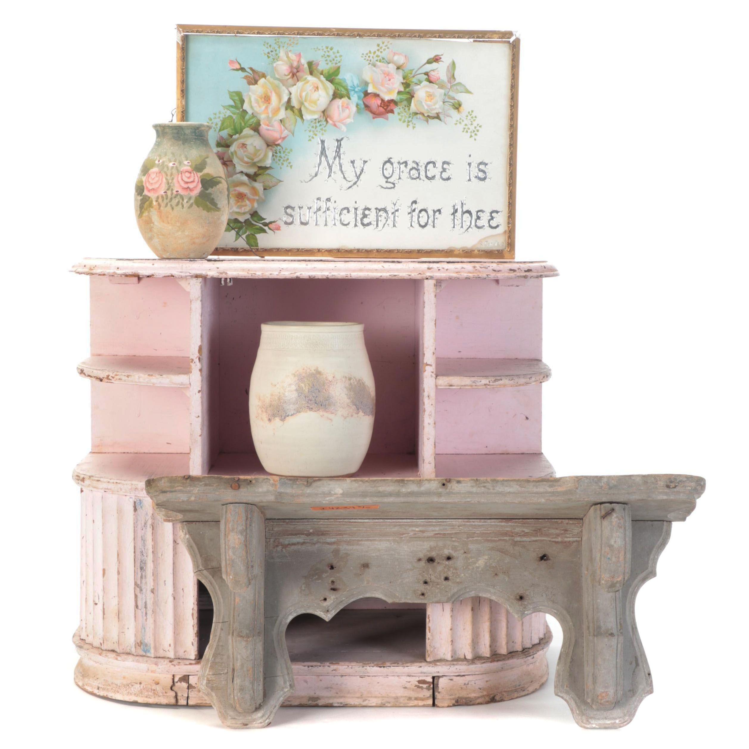 Victorian Wall Shelves and Pious Print and Two Vases