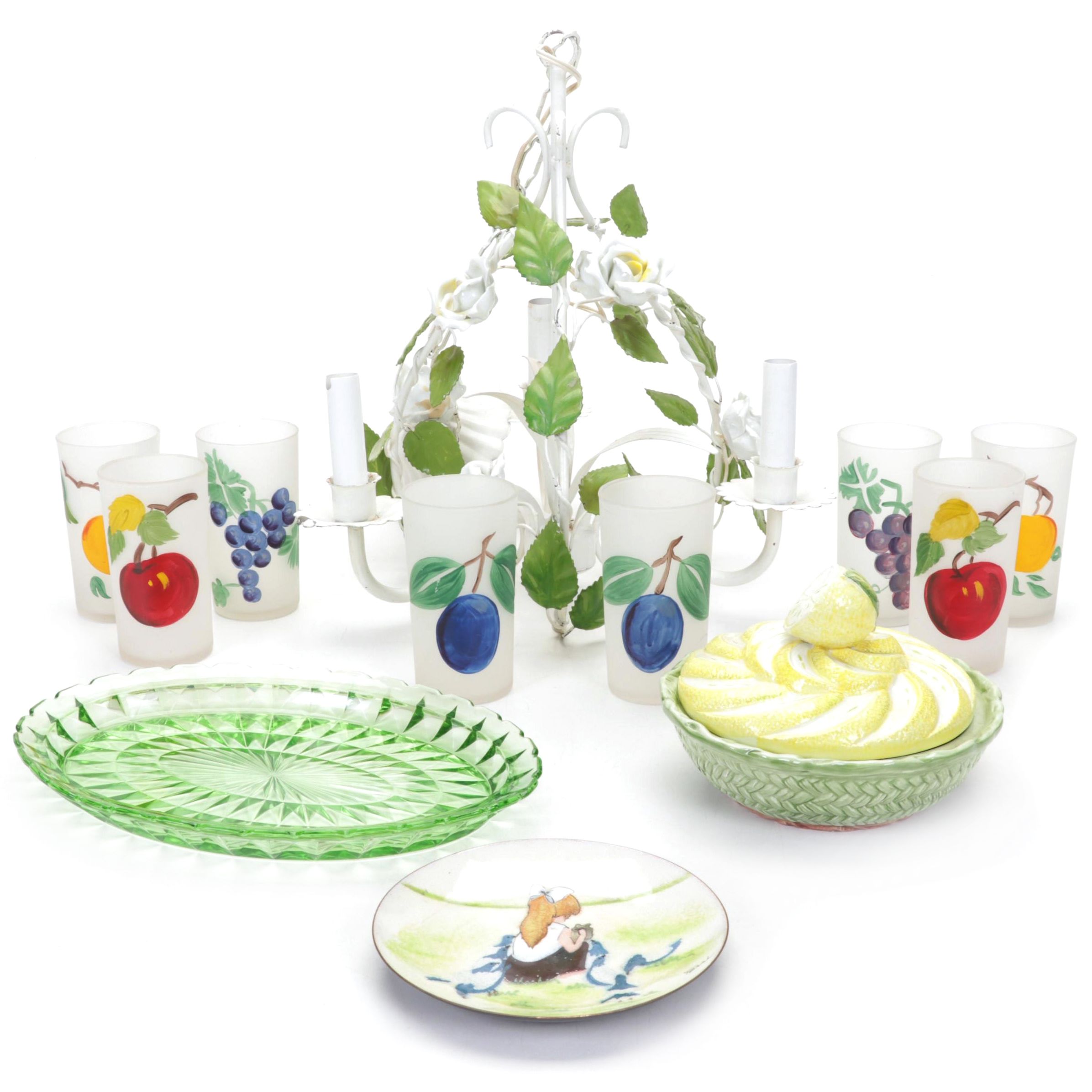 Metal & Porcelain White Rose Chandelier, Tumblers, Depression Glass Tray, & More