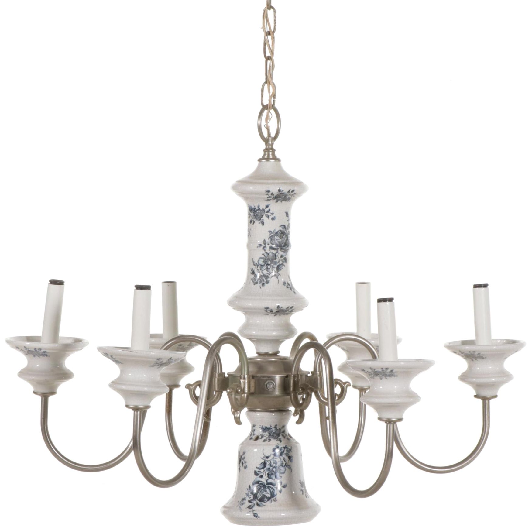 Blue and White Porcelain Pewter Finish Candelabra Chandelier