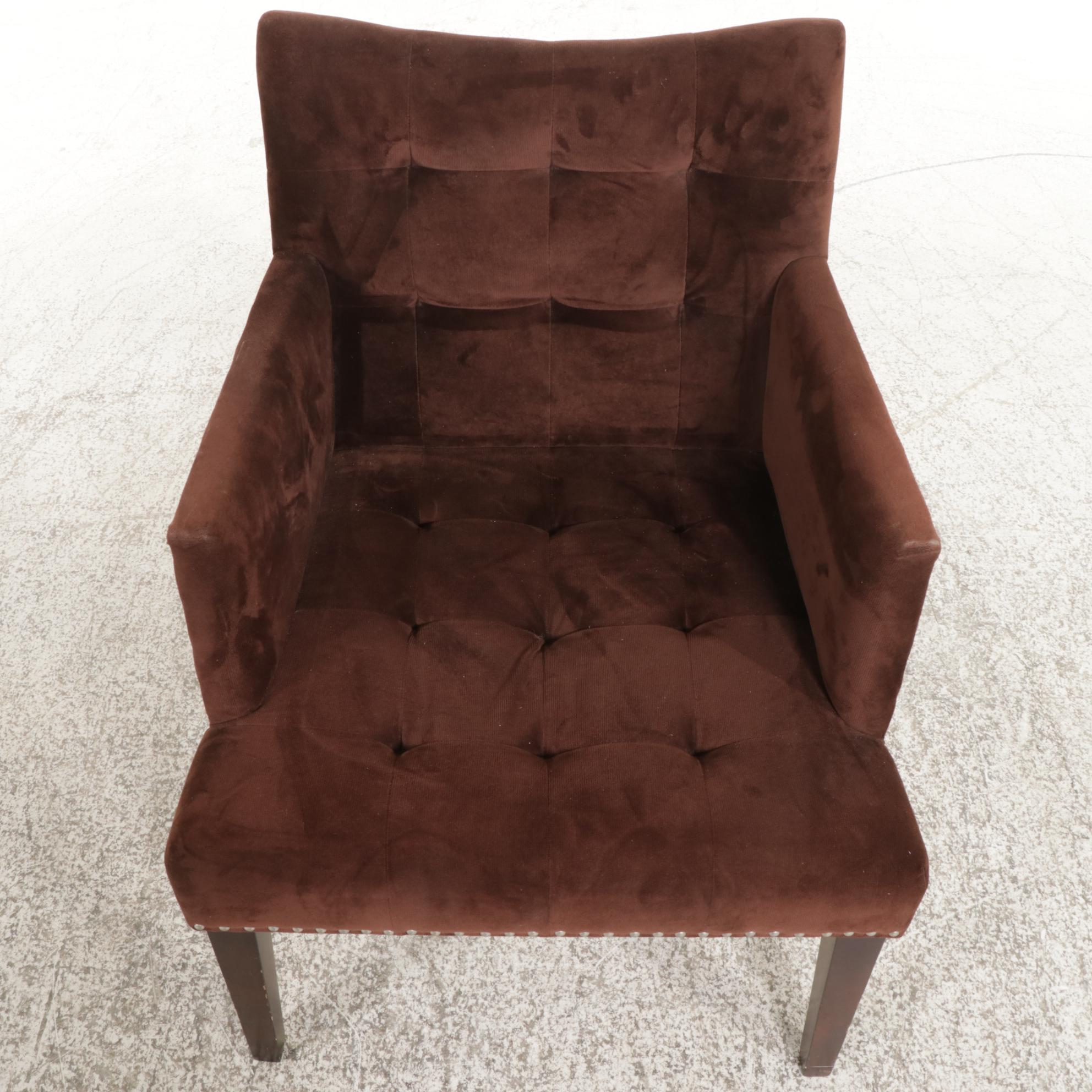 Brass-Tacked and Block-Tufted Upholstered Wooden Lounge Chair
