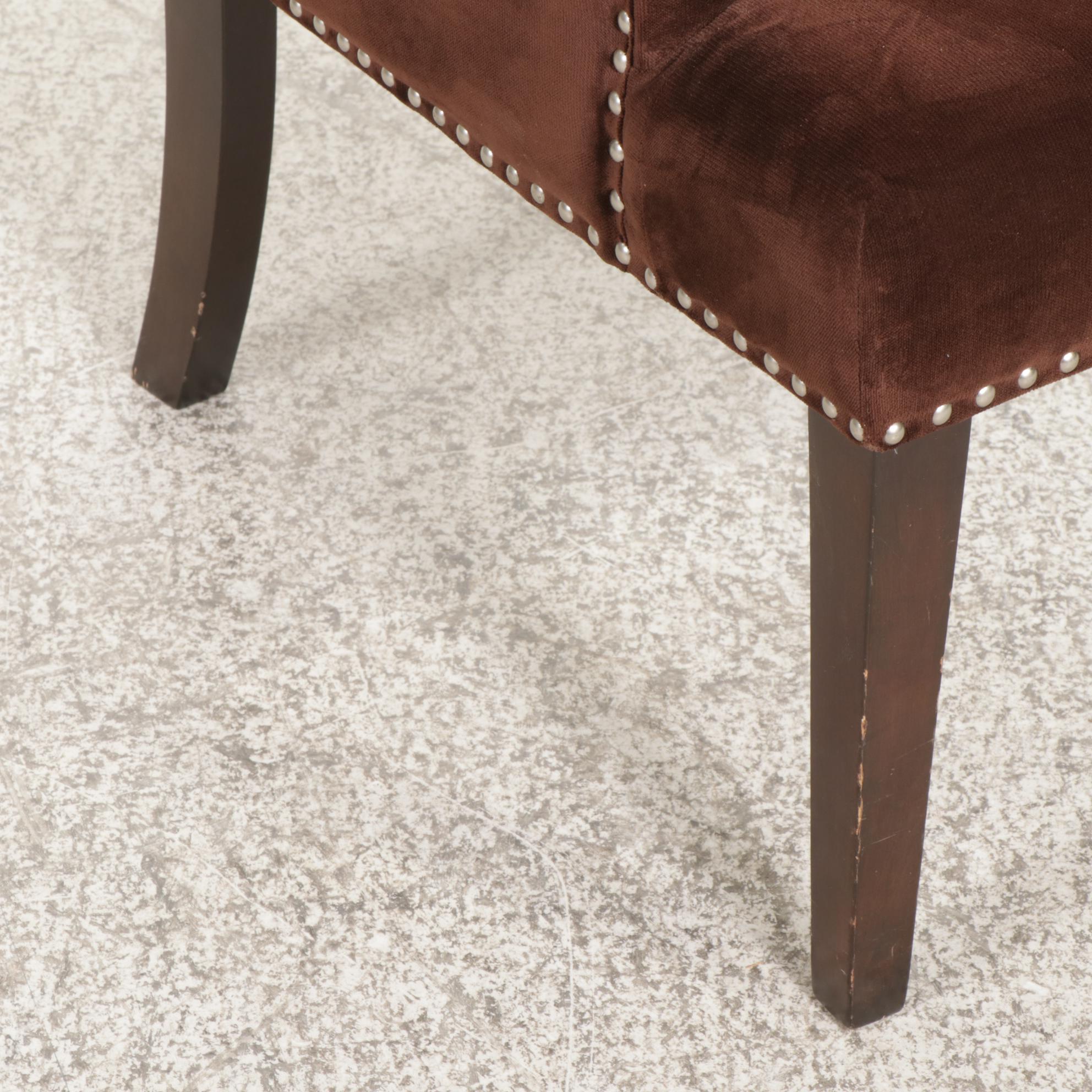 Brass-Tacked and Block-Tufted Upholstered Wooden Lounge Chair