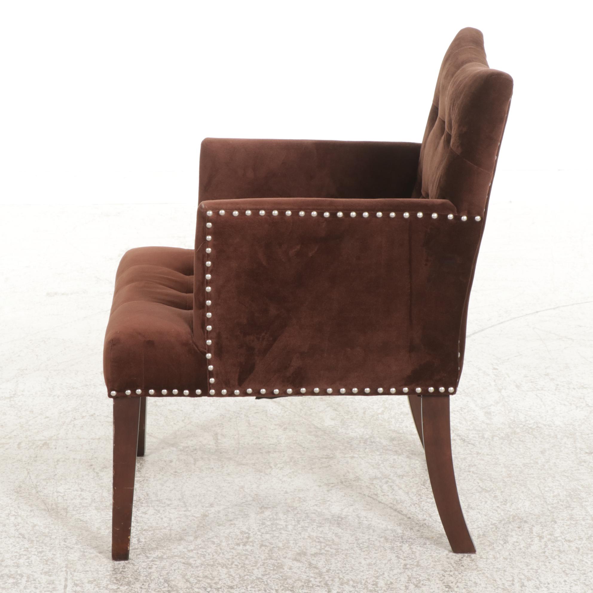 Brass-Tacked and Block-Tufted Upholstered Wooden Lounge Chair