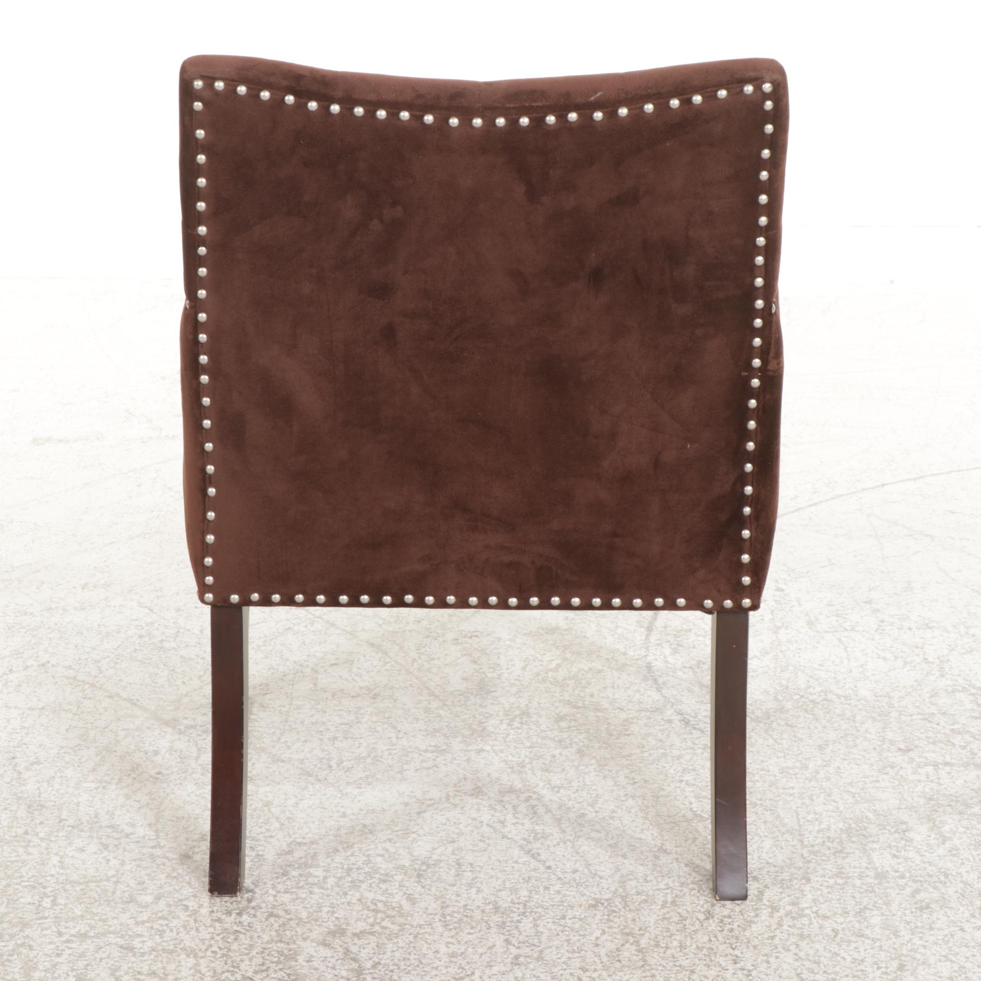 Brass-Tacked and Block-Tufted Upholstered Wooden Lounge Chair
