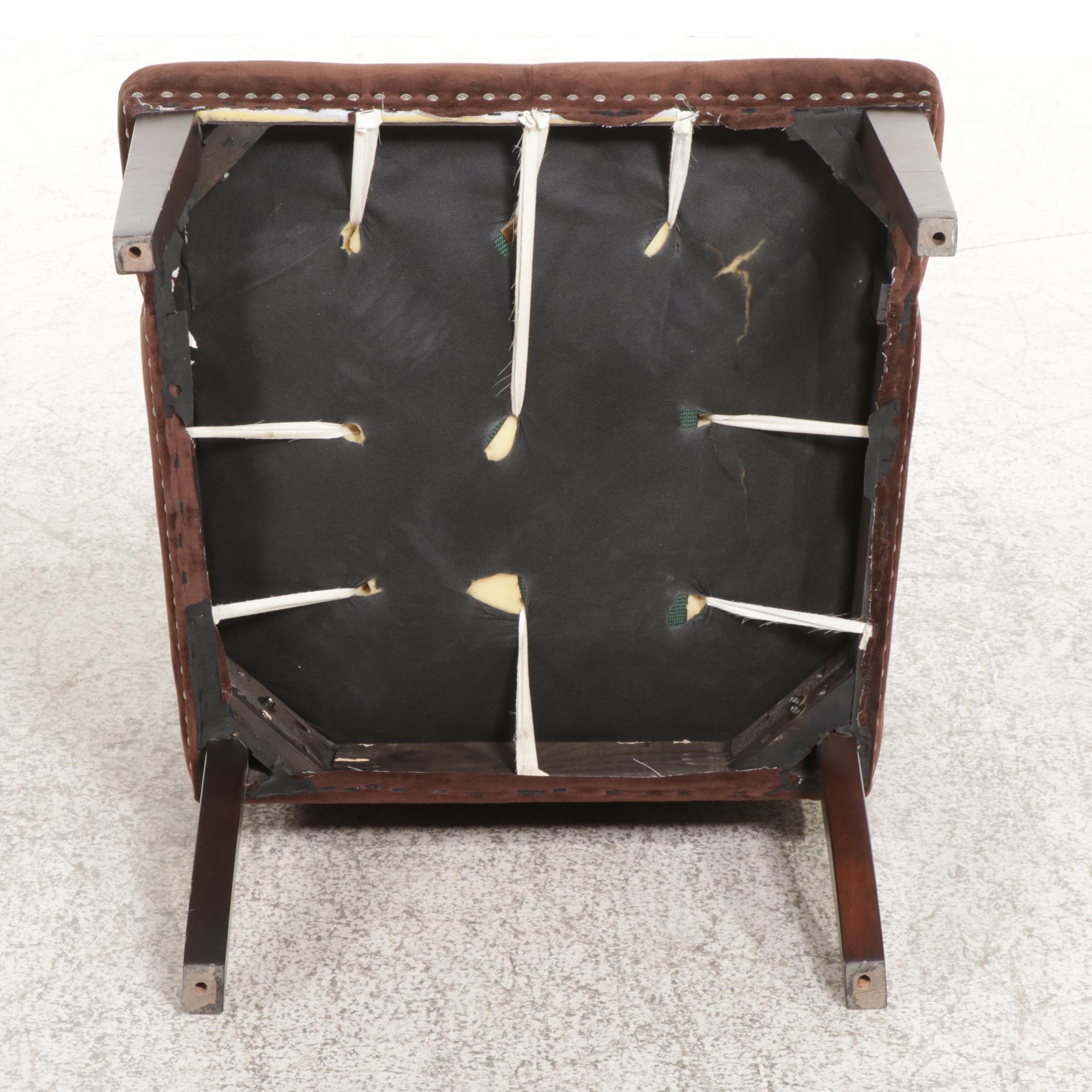 Brass-Tacked and Block-Tufted Upholstered Wooden Lounge Chair