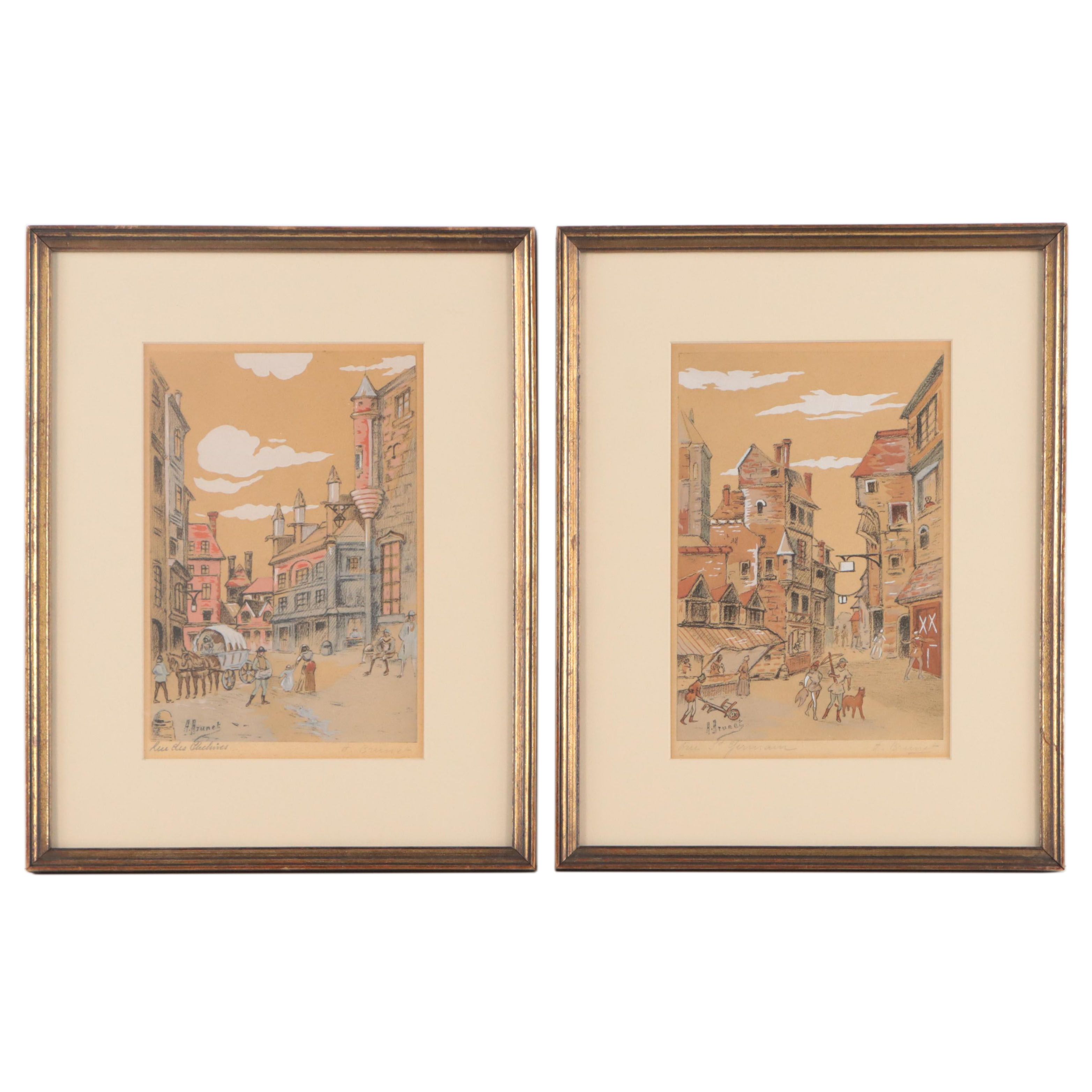 A. Brunet Hand-Colored Collotypes "Rue des Orfèvres" and "Rue St. Germain"