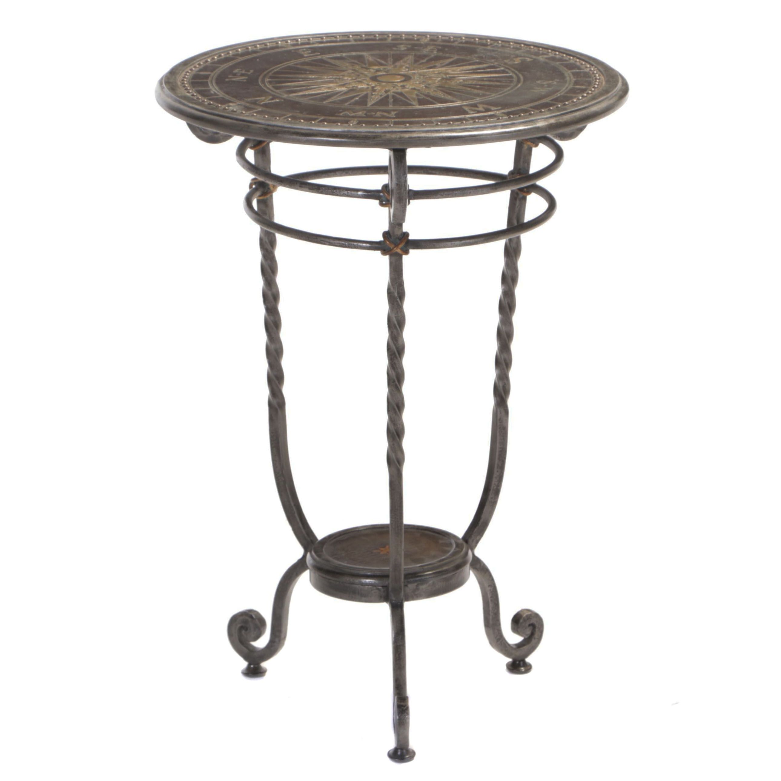 Wrought and Metal-Clad Side Table with Compass Rose