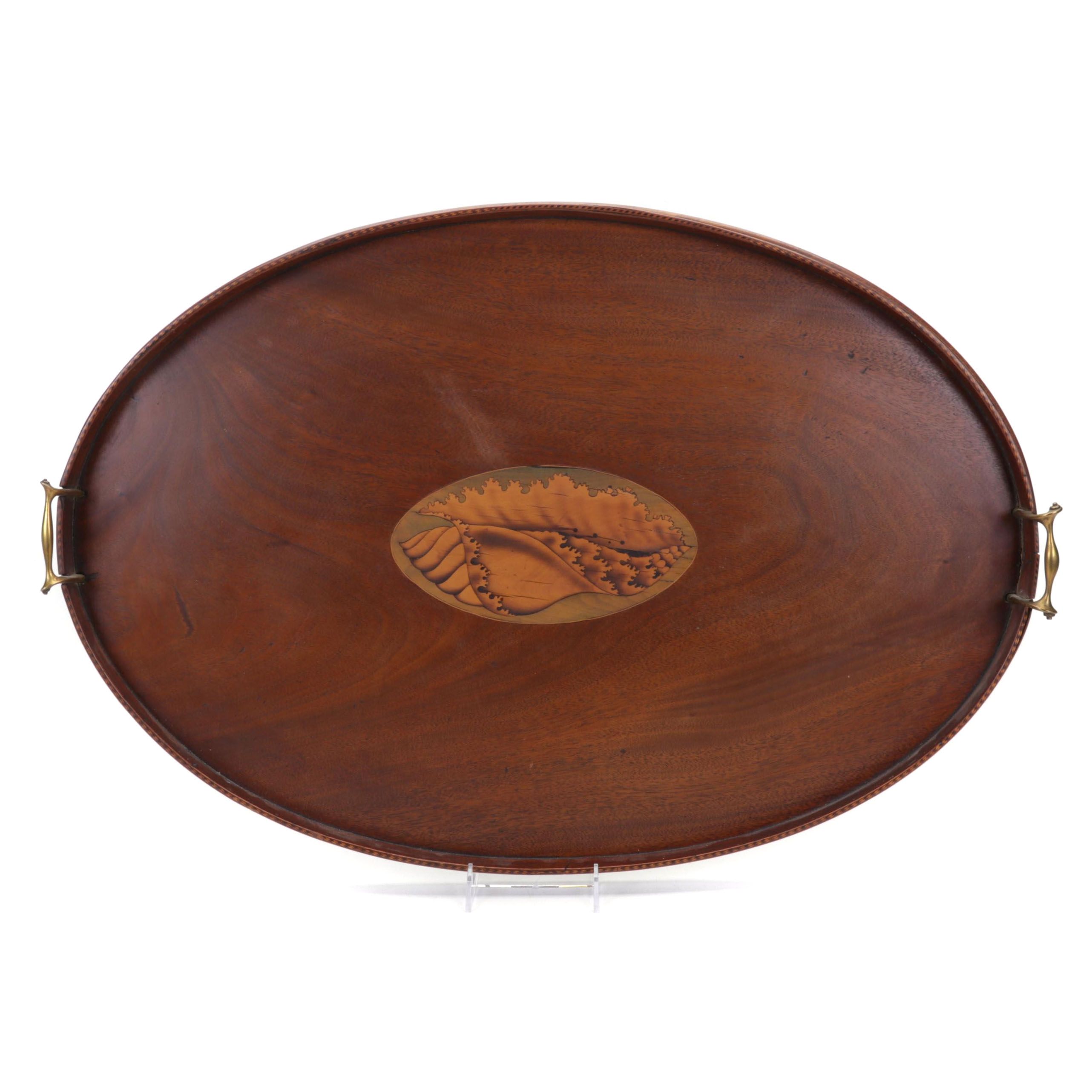 English Mahogany Gallery Tray with Marquetry Seashell Inlay, Late 19th Century