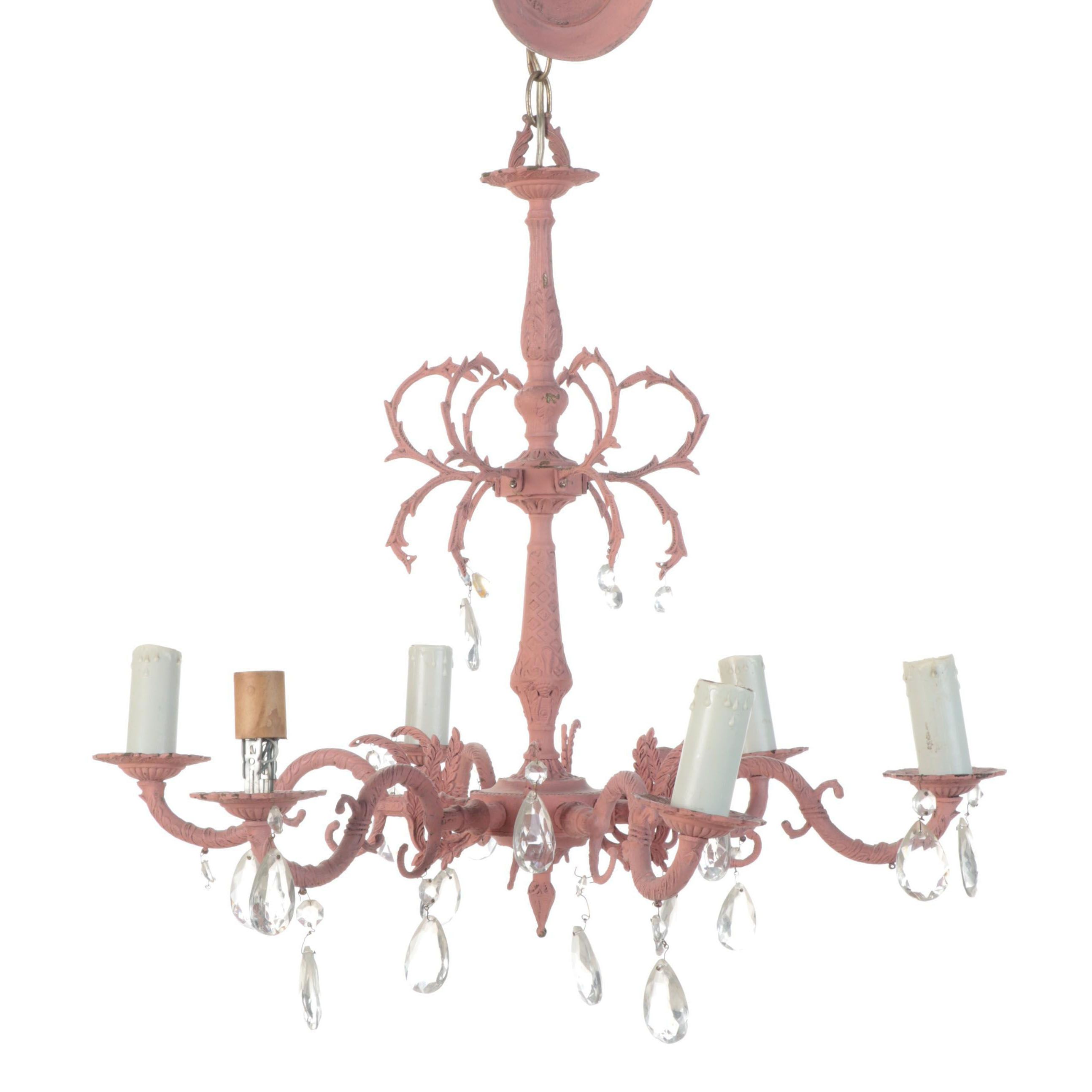 Spanish Cast Brass Salmon Pink Painted Six-Arm Chandelier