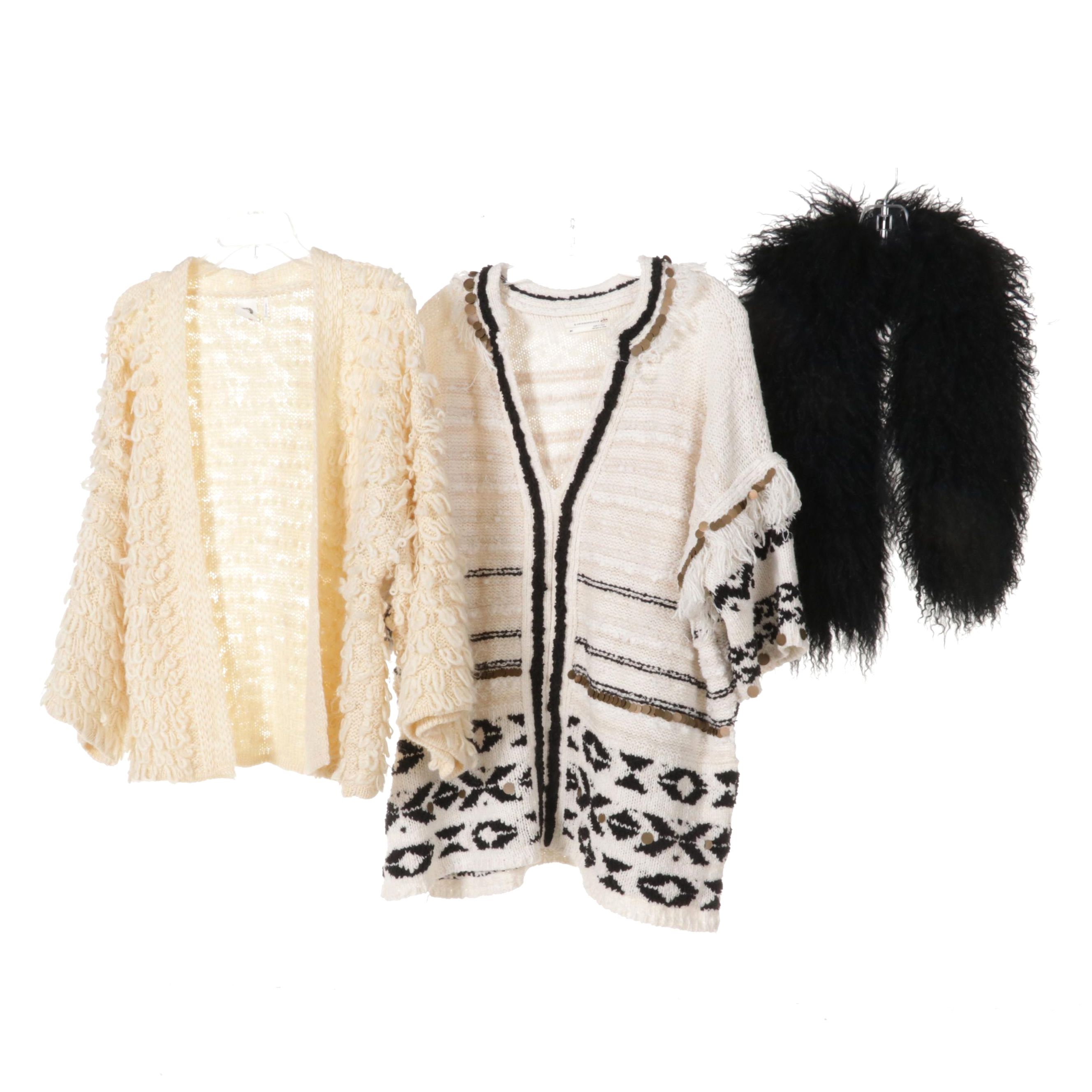 Anthropologie and Akemi + Kin Woven Cardigan Sweaters With Curly Lamb Scarf