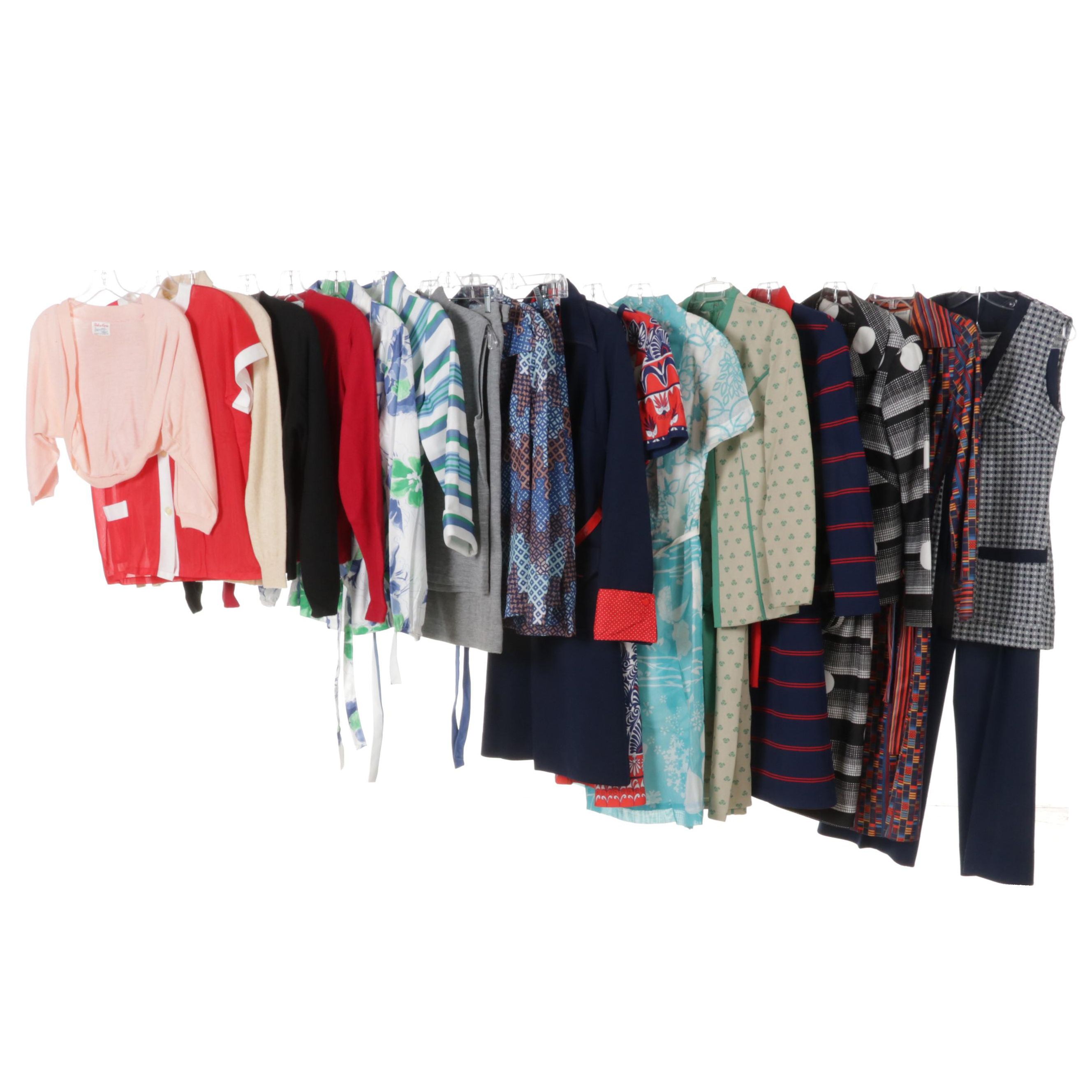 Women's Patterned Dresses and Two-Piece Sets with Cardigan Sweaters, 1960s-70s