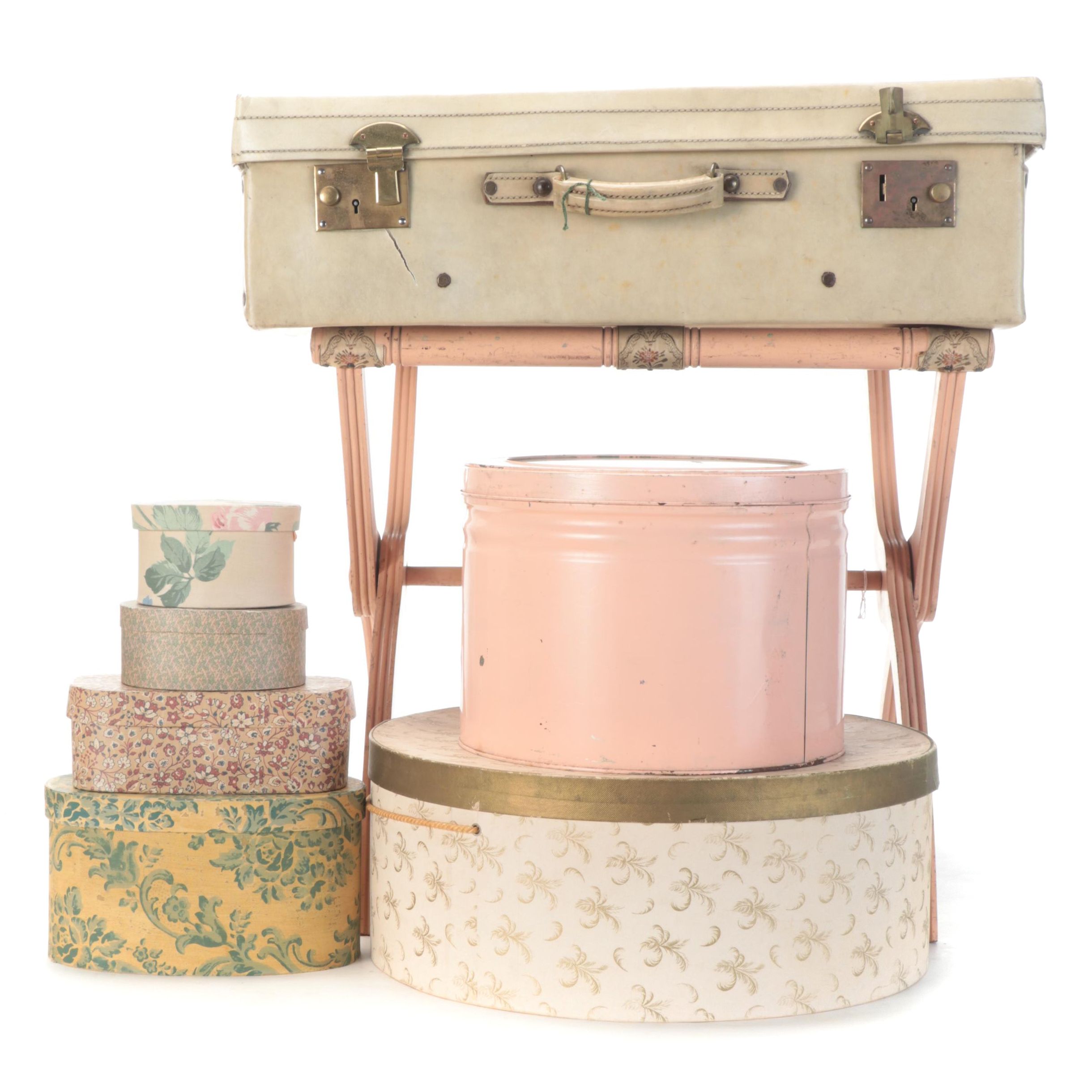 Pink Painted Wooden Luggage Rack with Luggage and More Storage Boxes