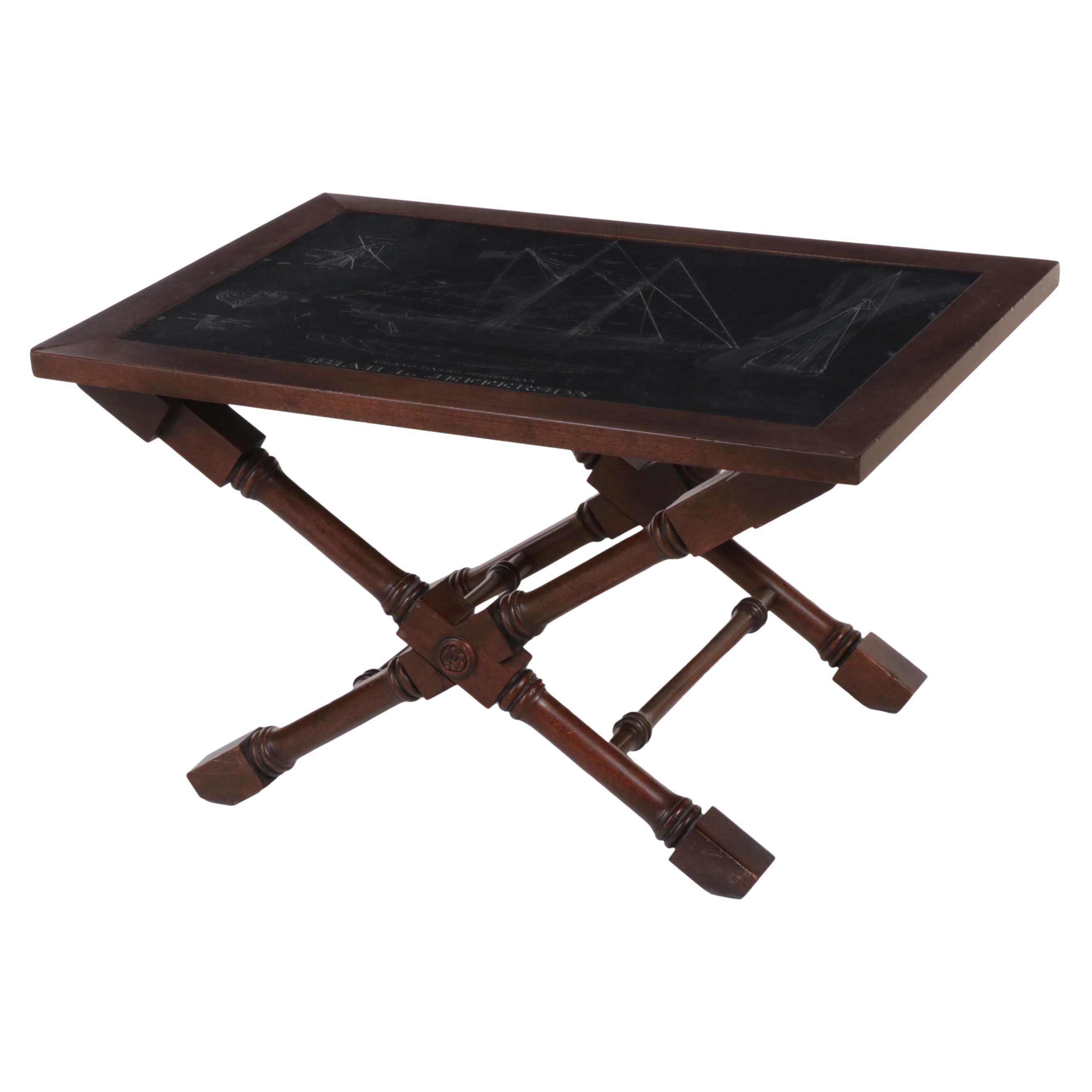 Mahogany and Slate Coffee Table with Etched Schooner Blueprint