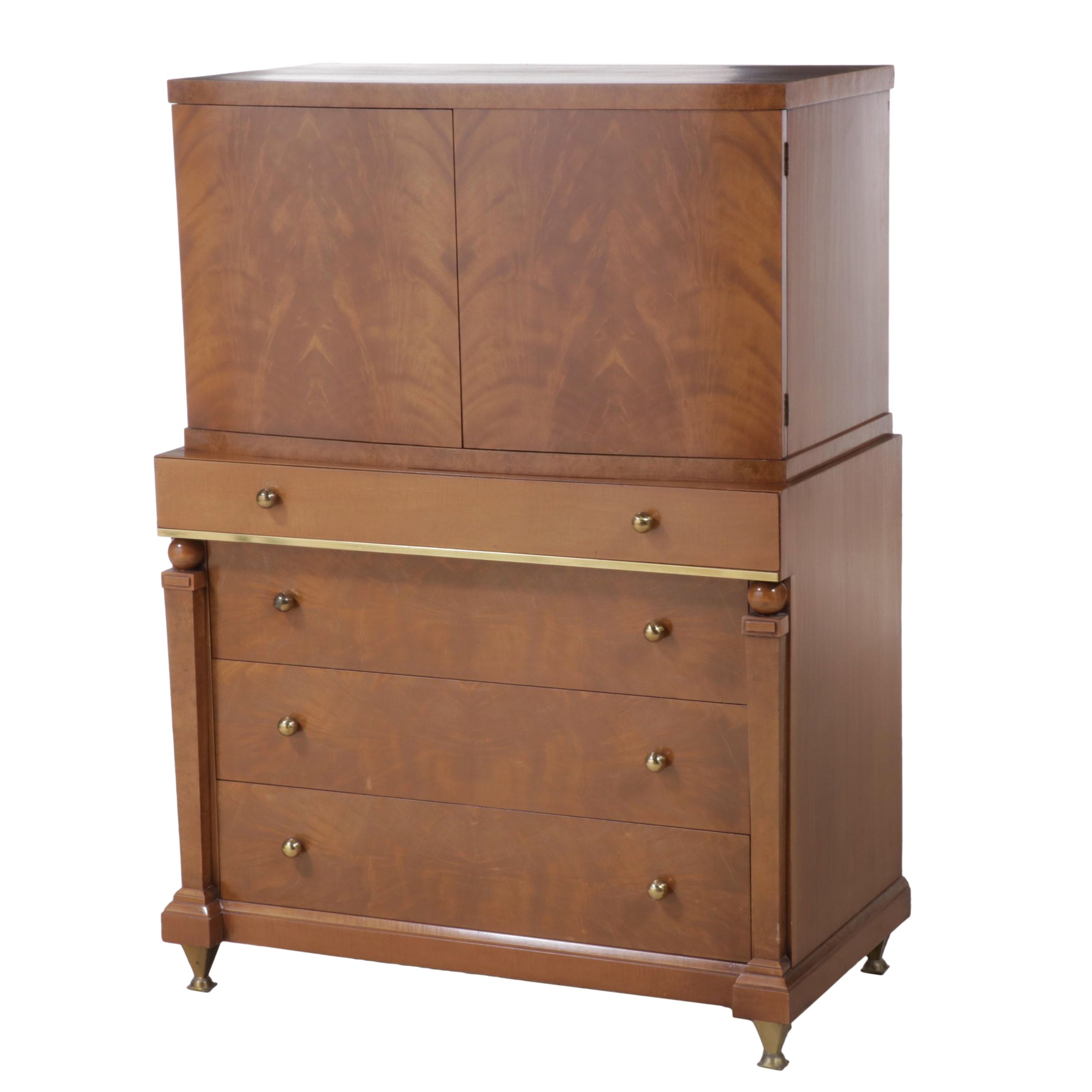 Romweber Empire Style Mahogany, Maple, and Burlwood Seven-Drawer Chest