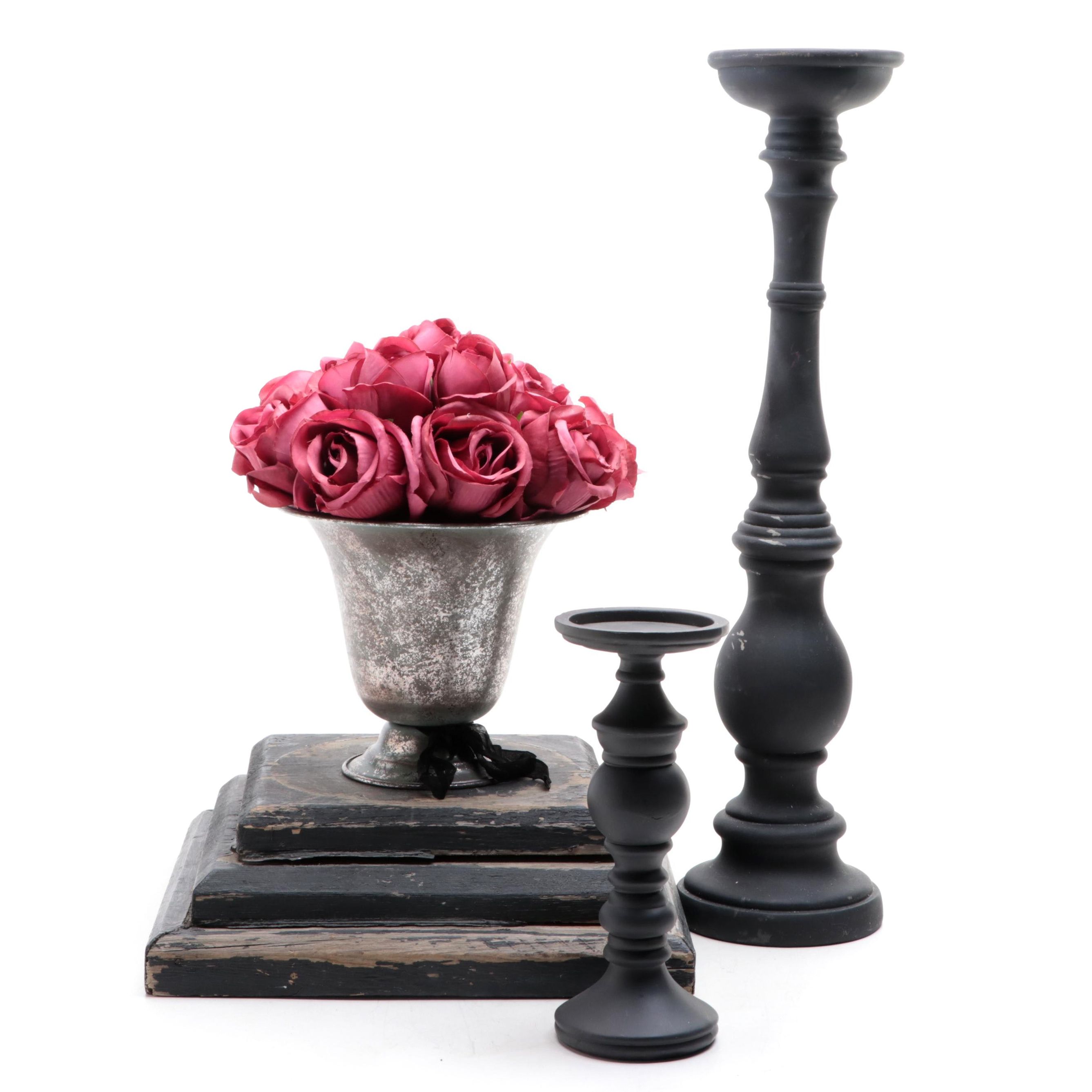 Silk Rose Arrangement With Black Painted Candle Holders and Wooden Plinth