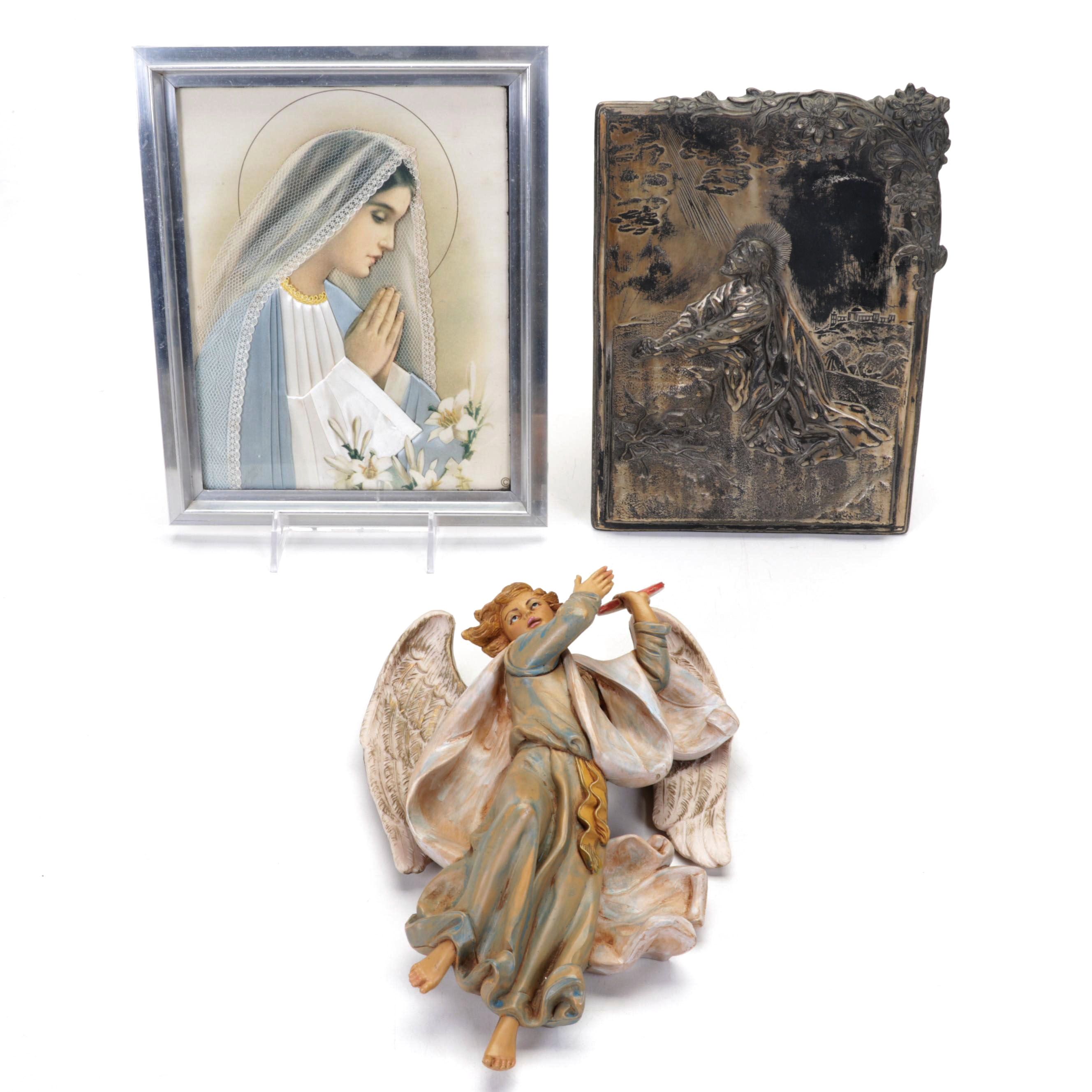 Metal Jesus in the Garden of Gesthemane with Angel and  Madonna Wall Hangings