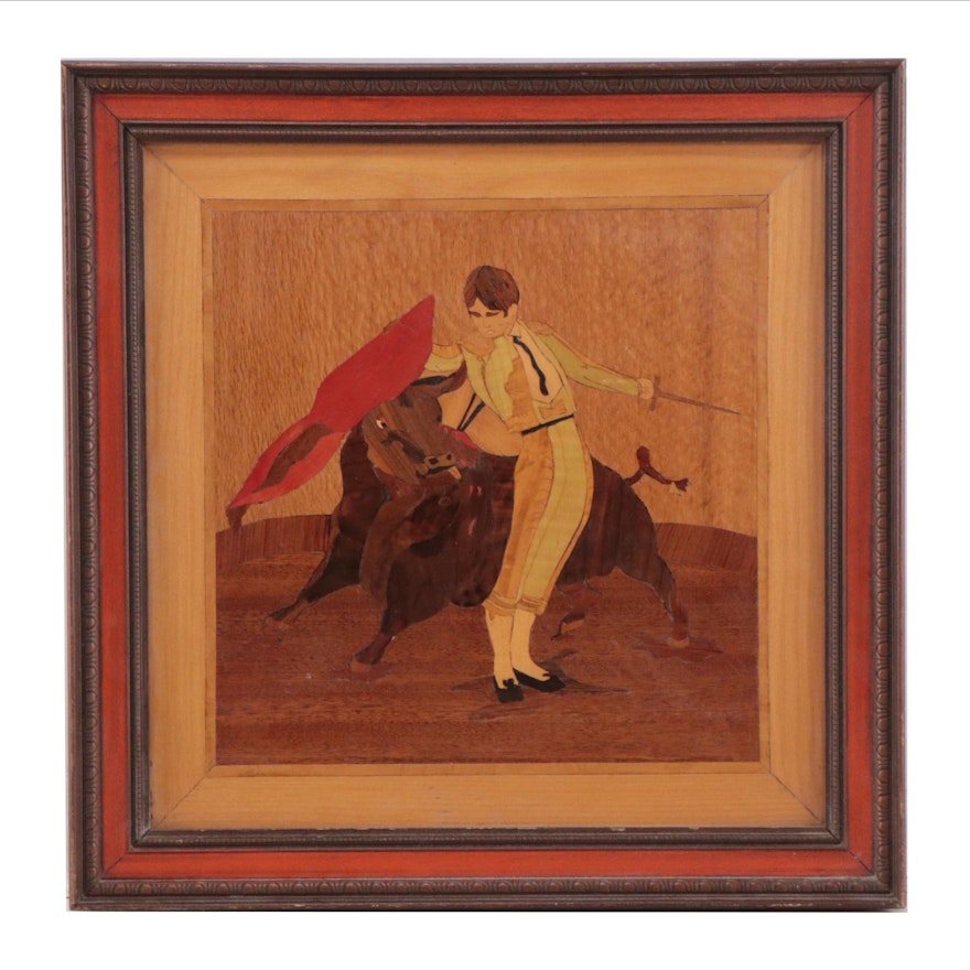 Ed Braun Hand-Painted Inlay Wood Marquetry Wall Hanging "Bull Fighter," 1975