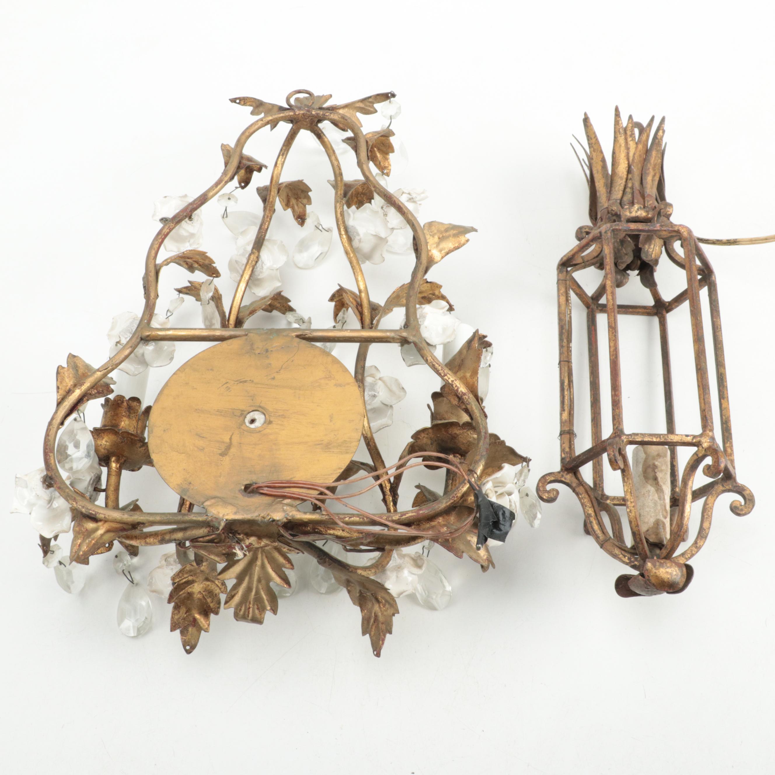 Italianate Style Gilt Metal Wall Sconce and Hanging Pendant Light, 20th Century