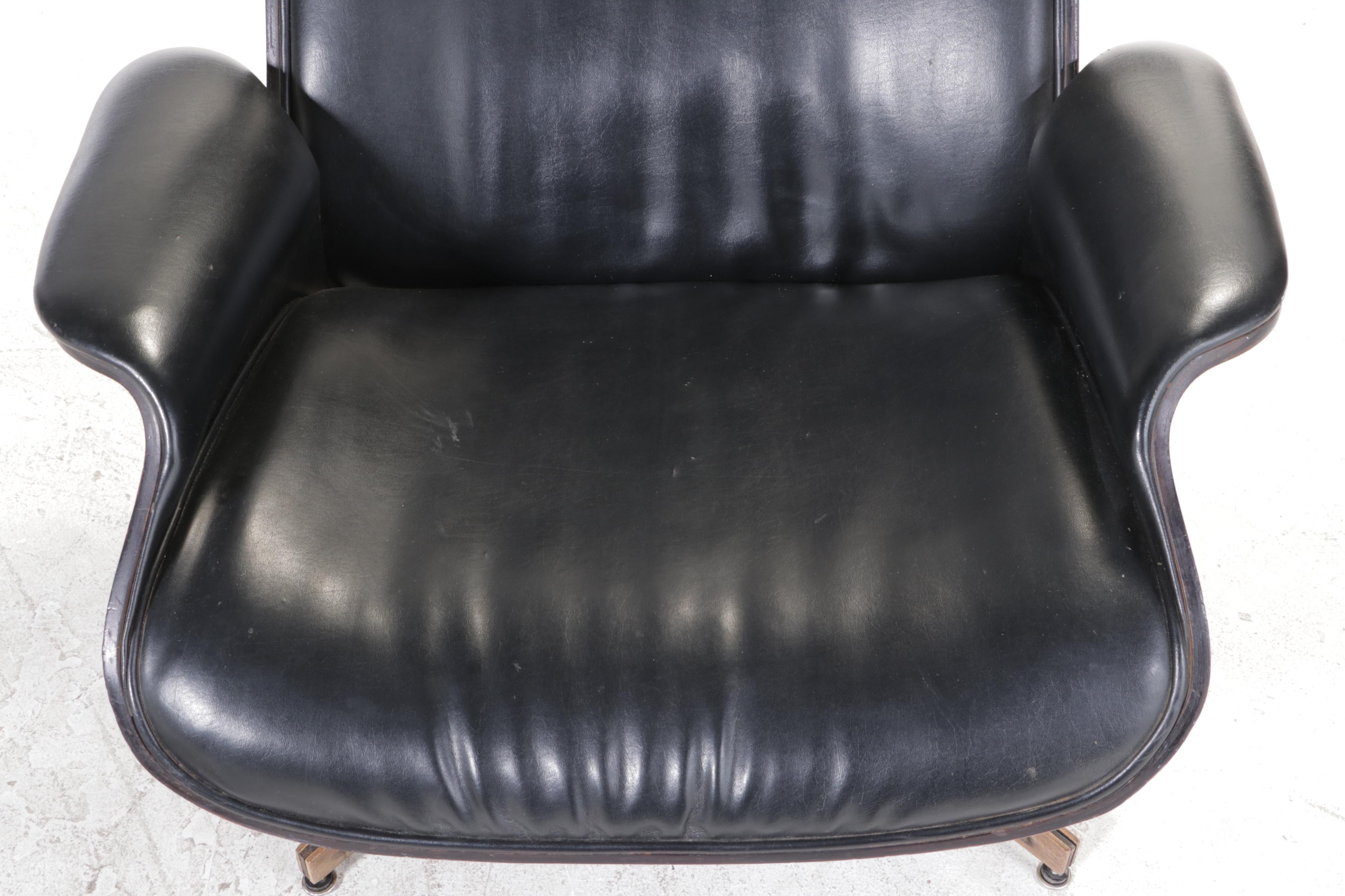 Plycraft Laminated Walnut, Steel, and Faux-Leather Lounge Chair with Ottoman