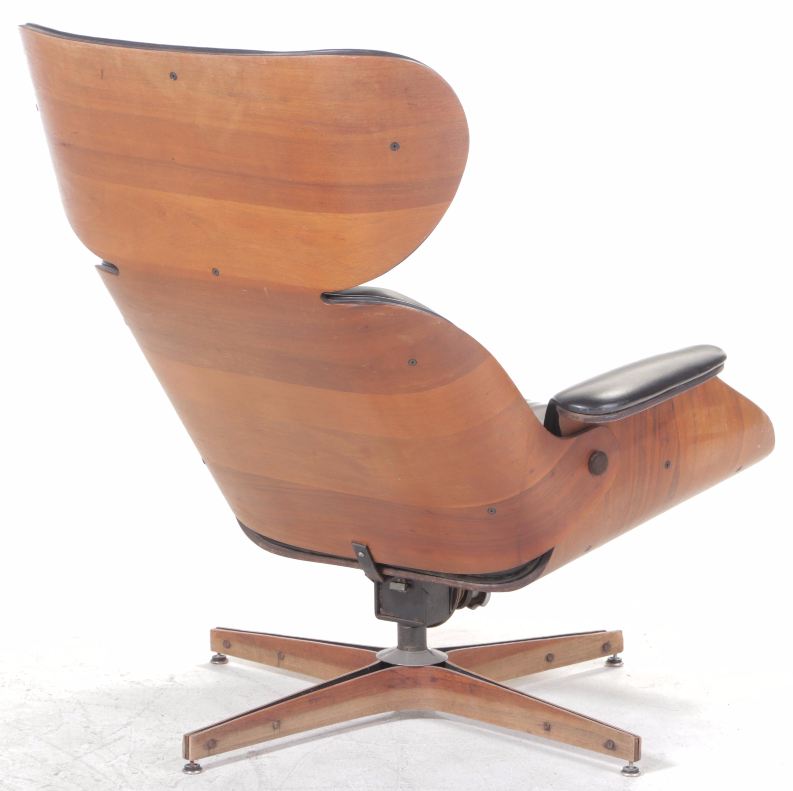 Plycraft Laminated Walnut, Steel, and Faux-Leather Lounge Chair with Ottoman