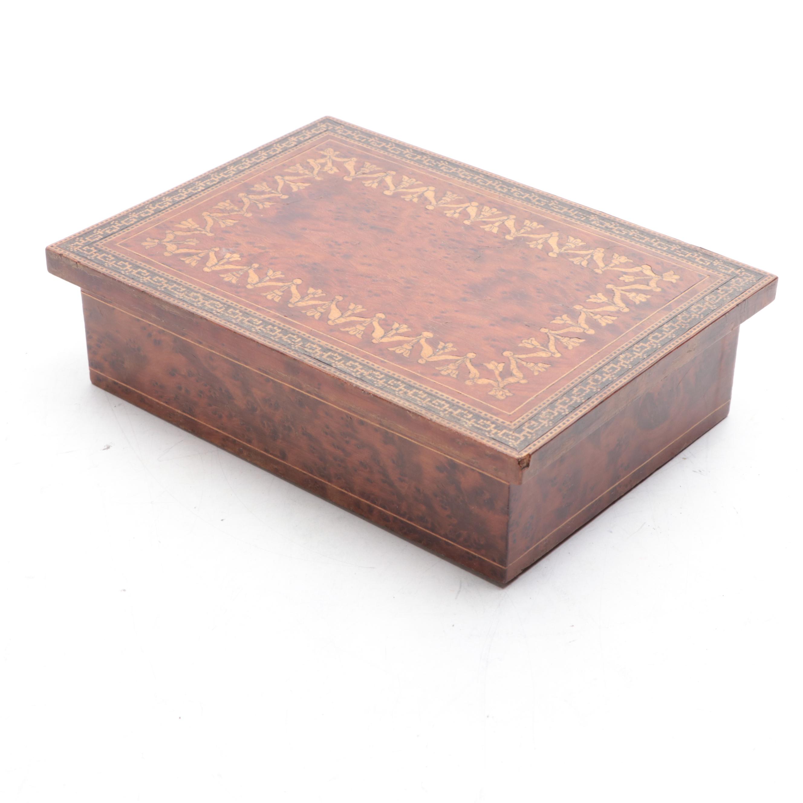 Chinese Elm and Inlaid Burl Wood Boxes with Petites Choses Bronze Figure of Girl