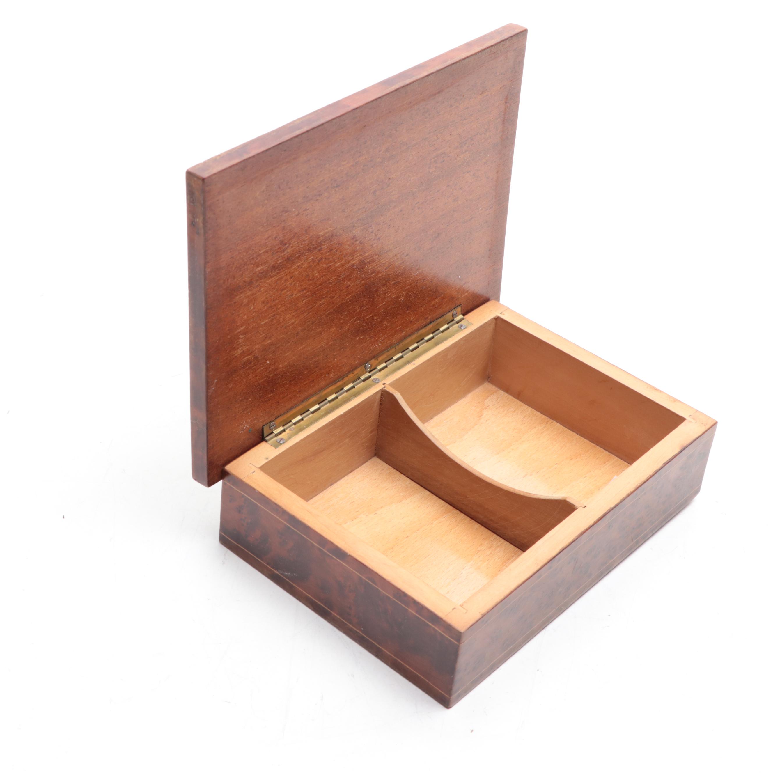 Chinese Elm and Inlaid Burl Wood Boxes with Petites Choses Bronze Figure of Girl