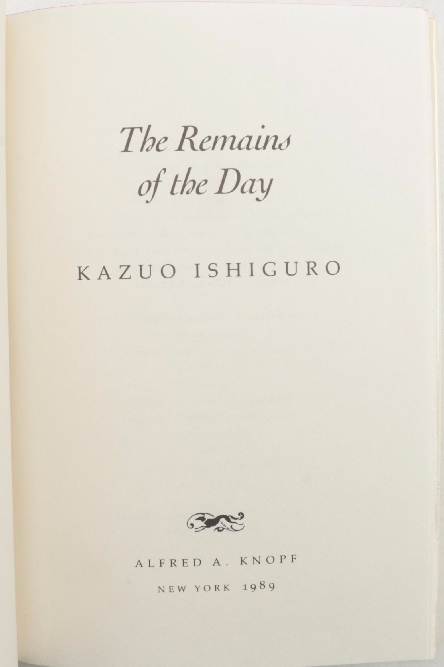 First American Edition "The Remains of the Day" by Kazuo Ishiguro, 1989