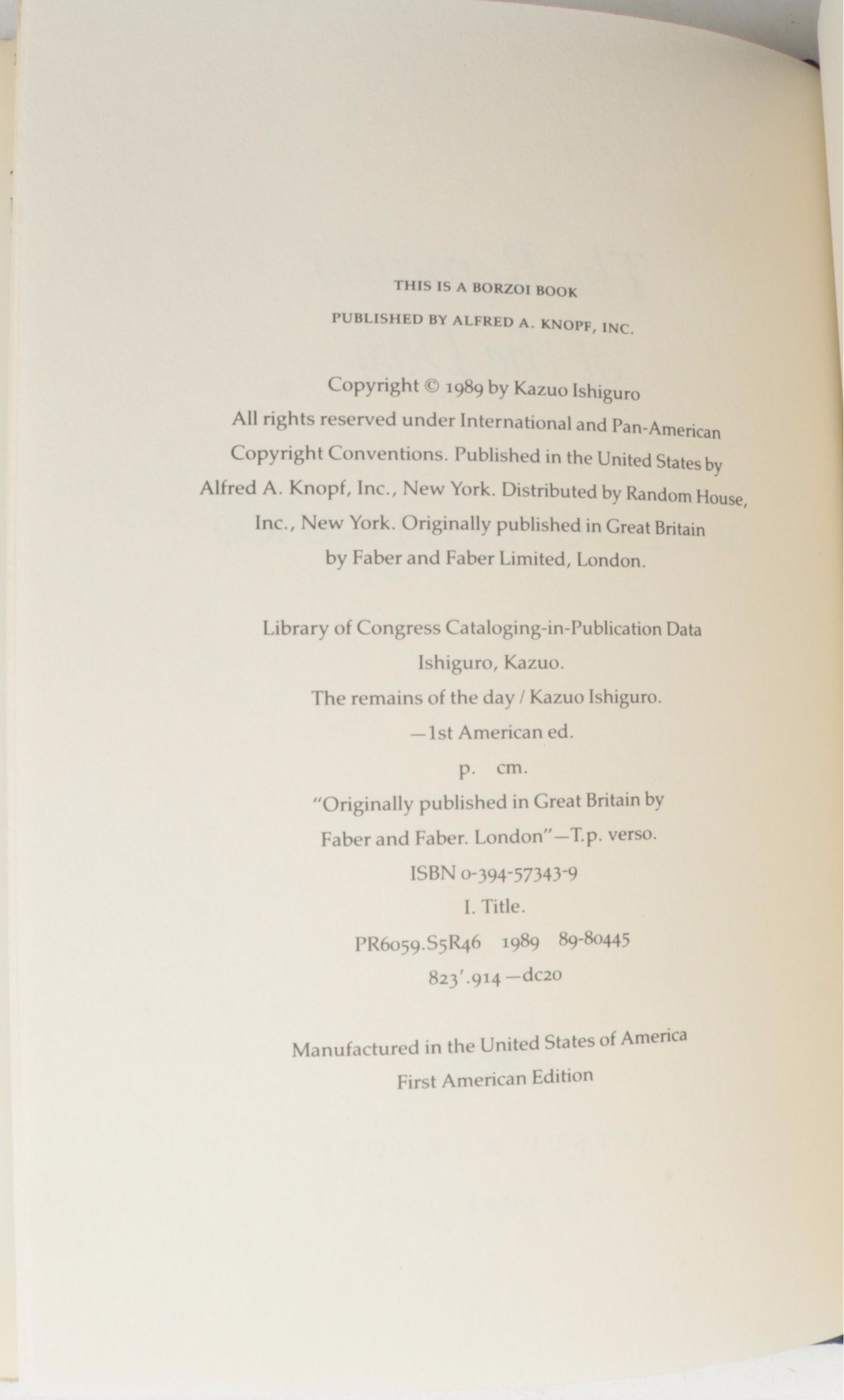 First American Edition "The Remains of the Day" by Kazuo Ishiguro, 1989