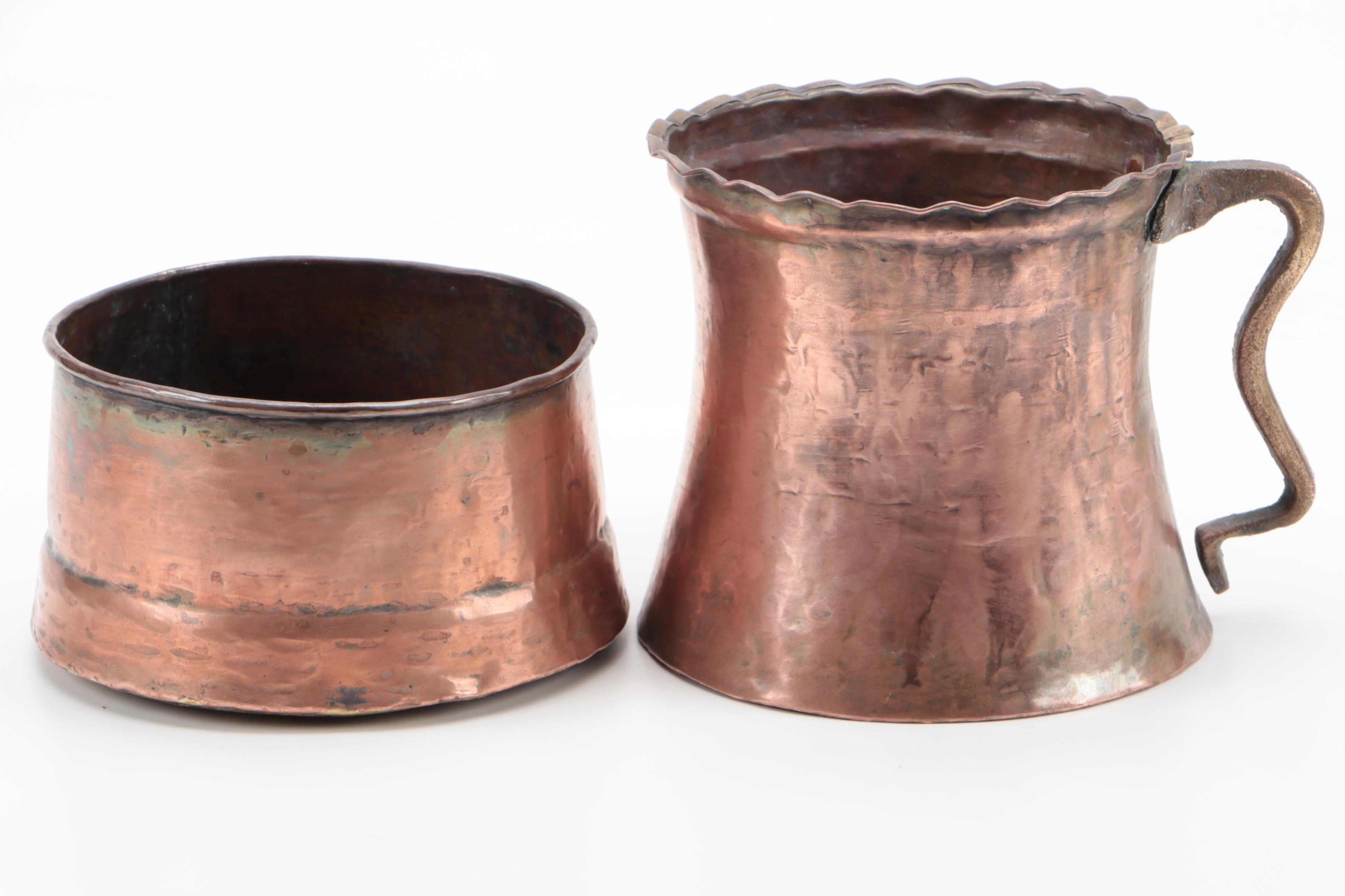 French Copper Over Tin Scalloped Rim Tankard and Copper Bowl