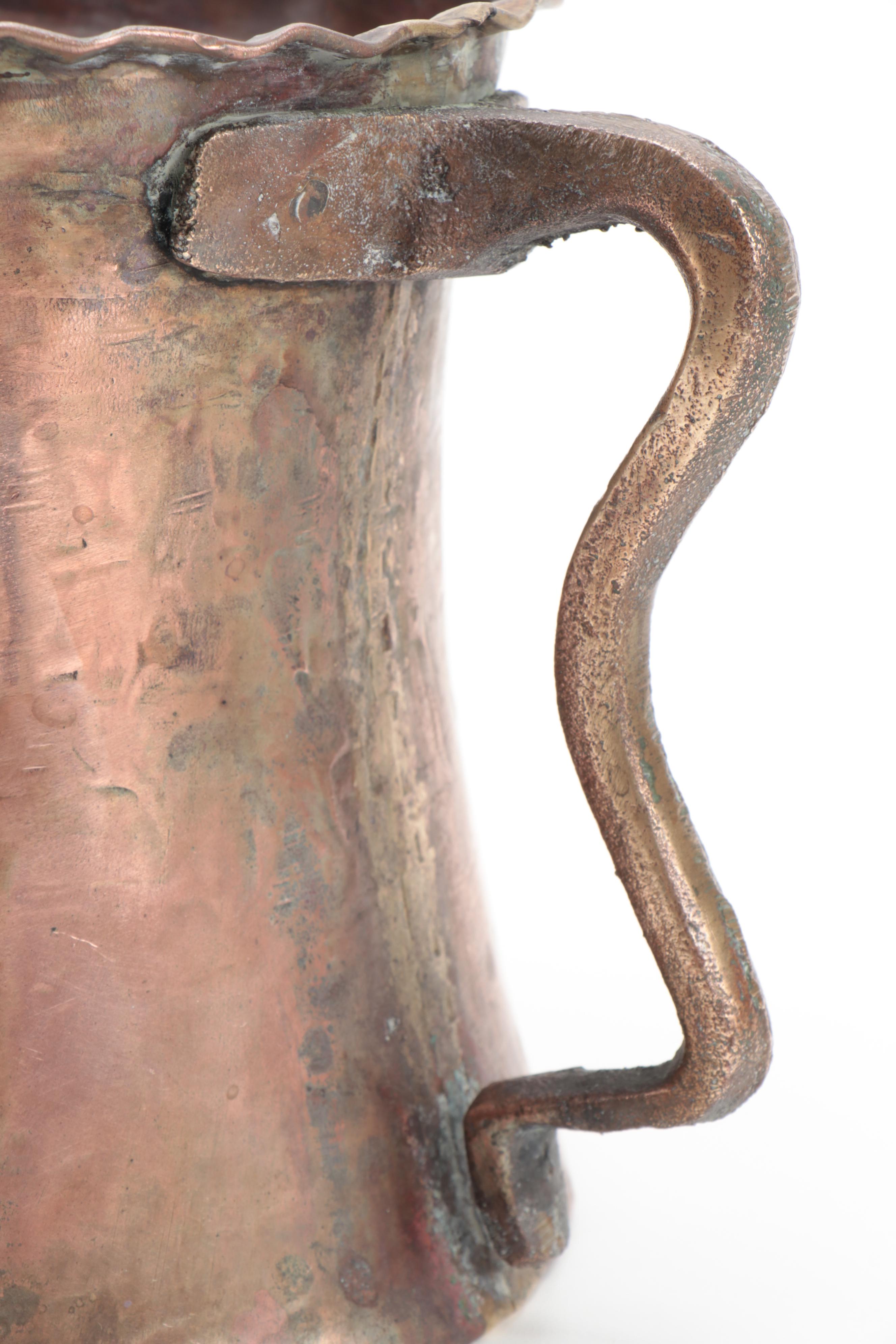 French Copper Over Tin Scalloped Rim Tankard and Copper Bowl