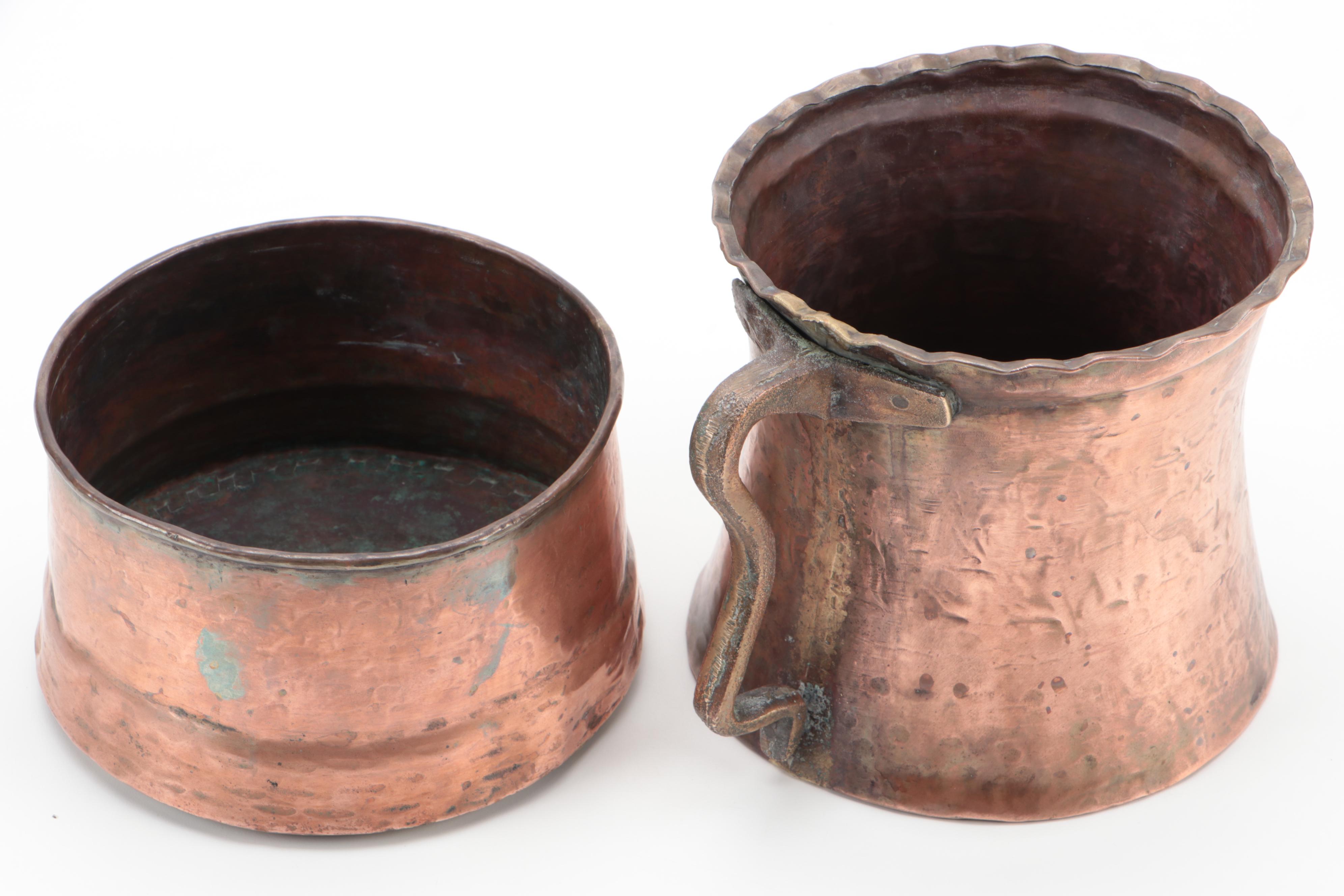 French Copper Over Tin Scalloped Rim Tankard and Copper Bowl
