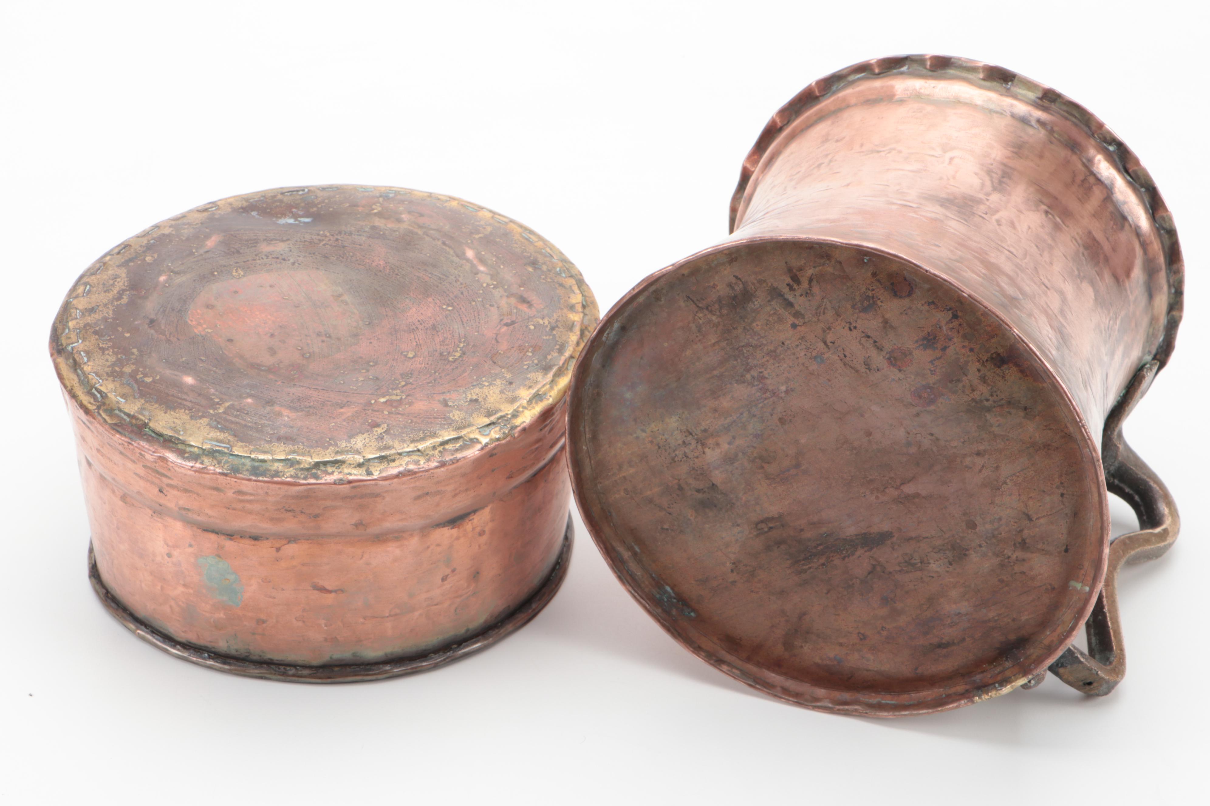 French Copper Over Tin Scalloped Rim Tankard and Copper Bowl