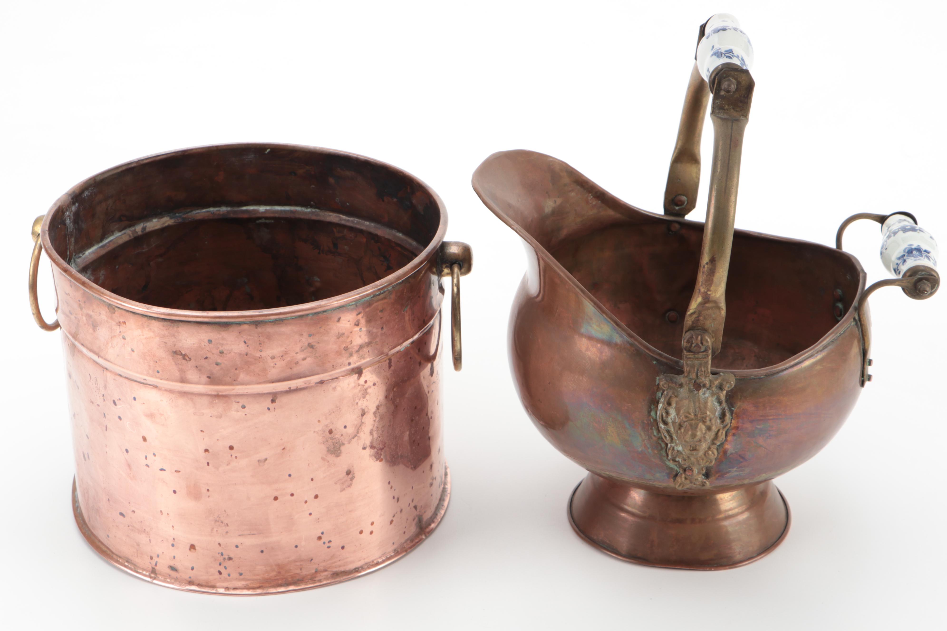 Brass and Porcelain Handled Copper Coal Scuttle with Copper Ash Bucket