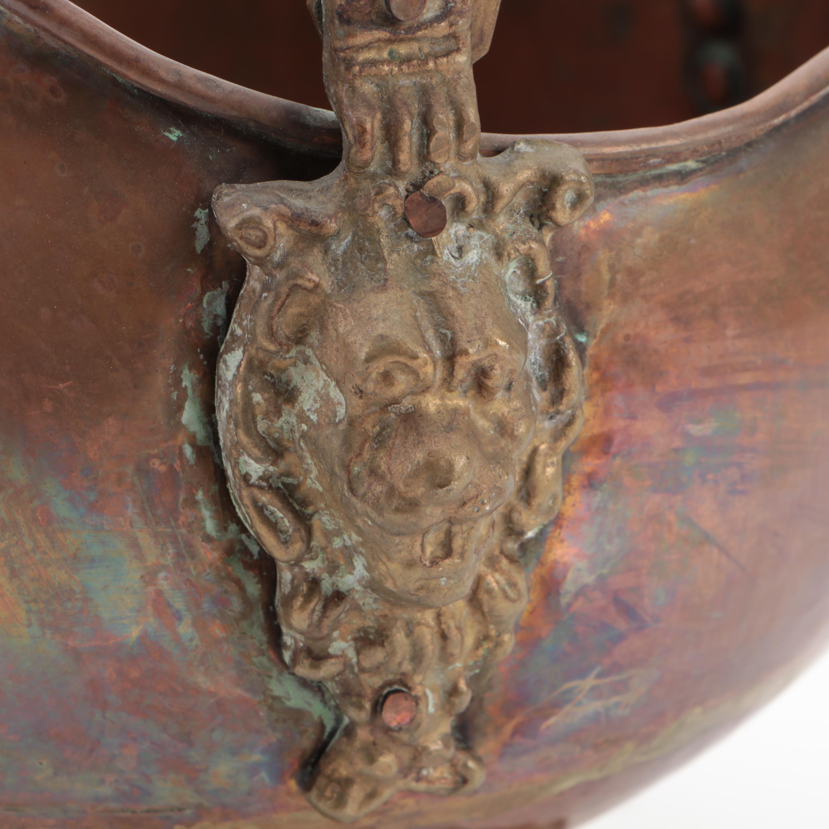 Brass and Porcelain Handled Copper Coal Scuttle with Copper Ash Bucket
