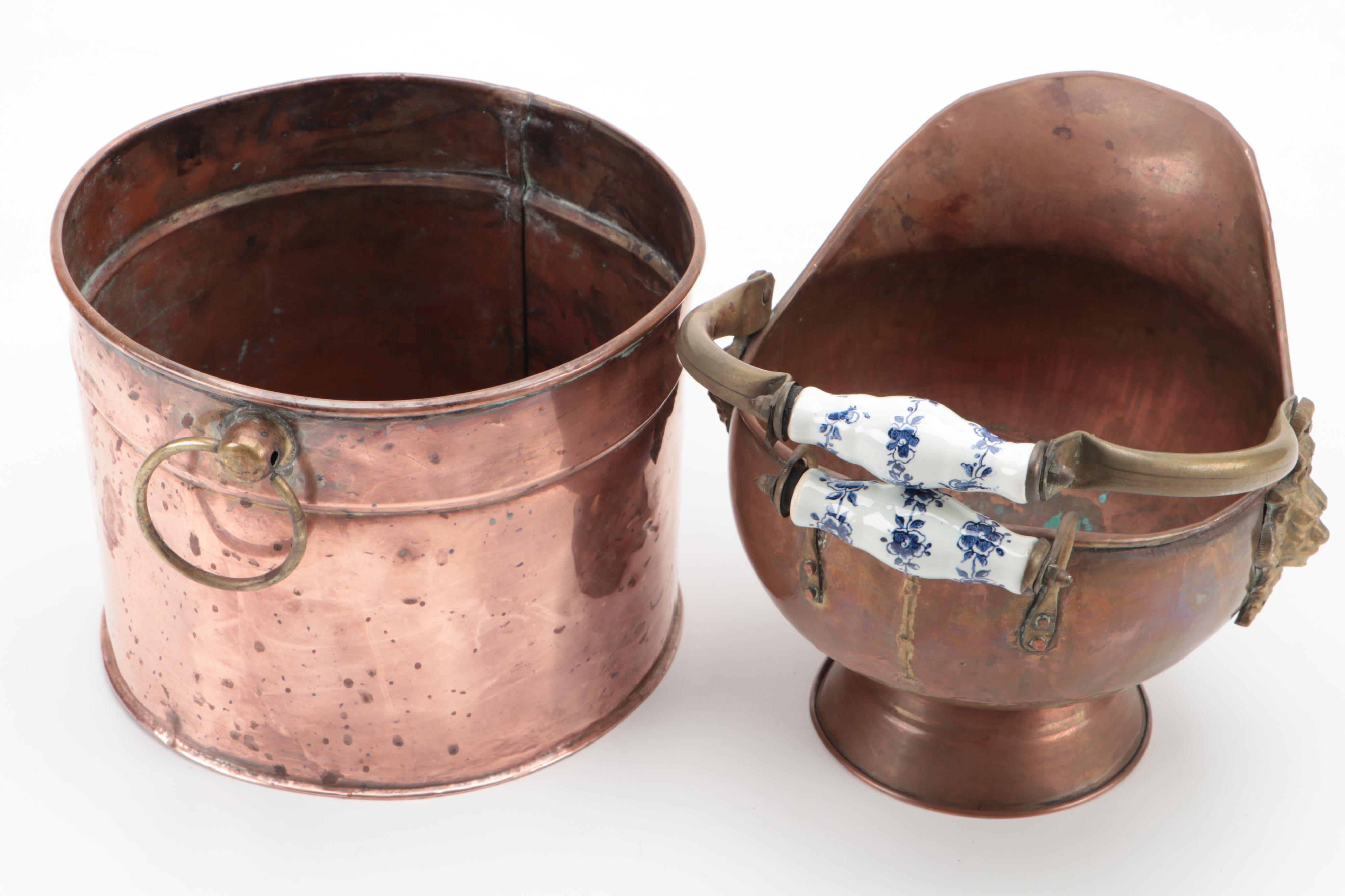 Brass and Porcelain Handled Copper Coal Scuttle with Copper Ash Bucket
