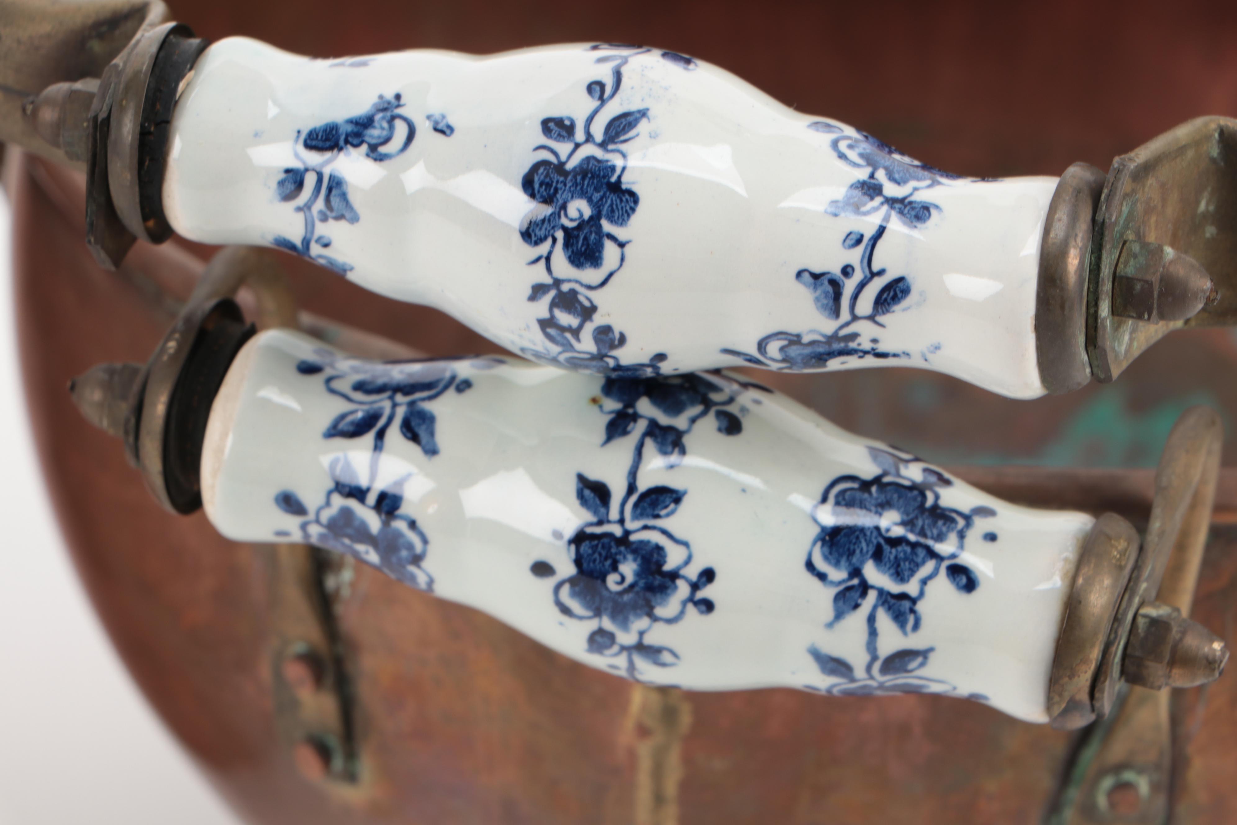 Brass and Porcelain Handled Copper Coal Scuttle with Copper Ash Bucket