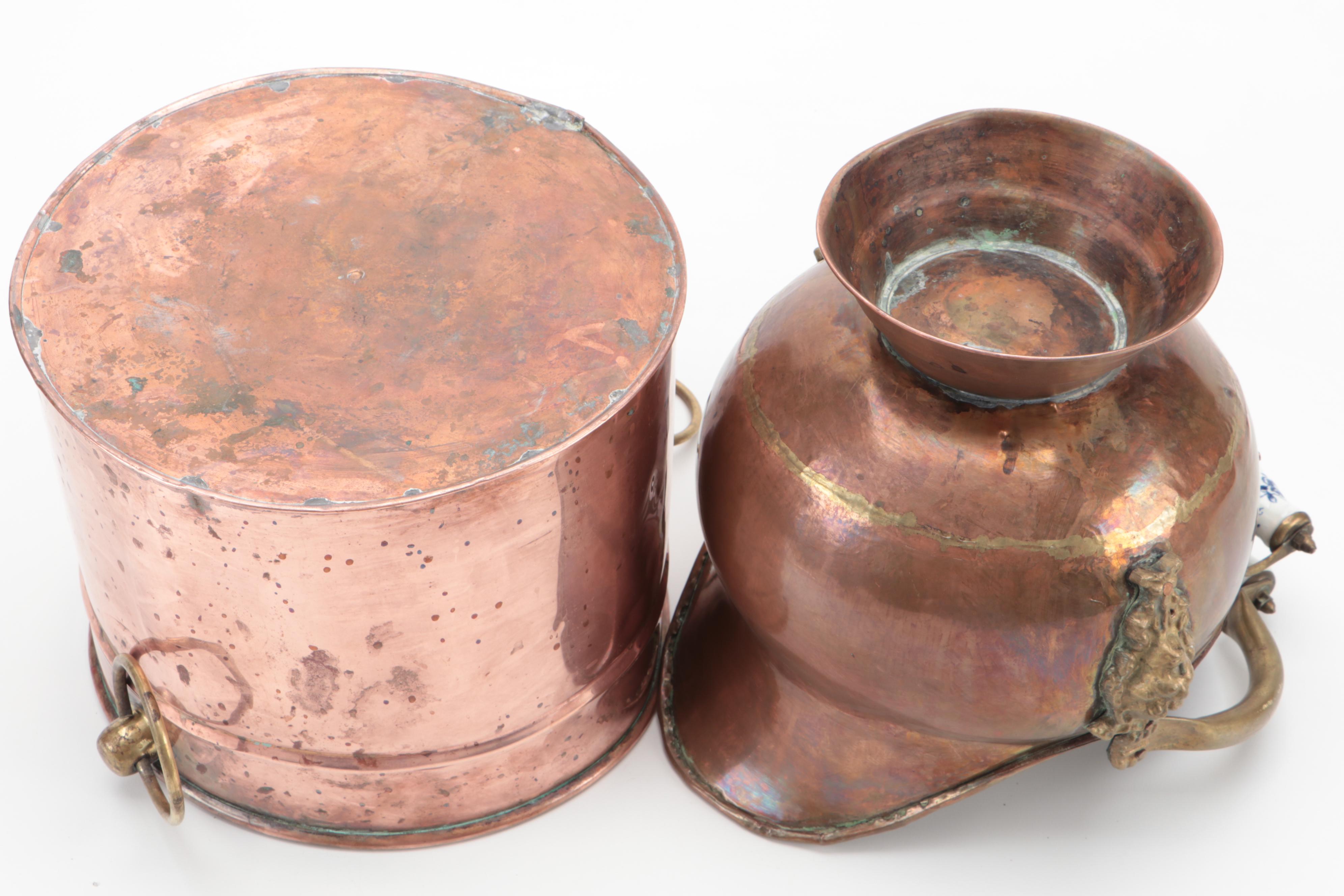 Brass and Porcelain Handled Copper Coal Scuttle with Copper Ash Bucket
